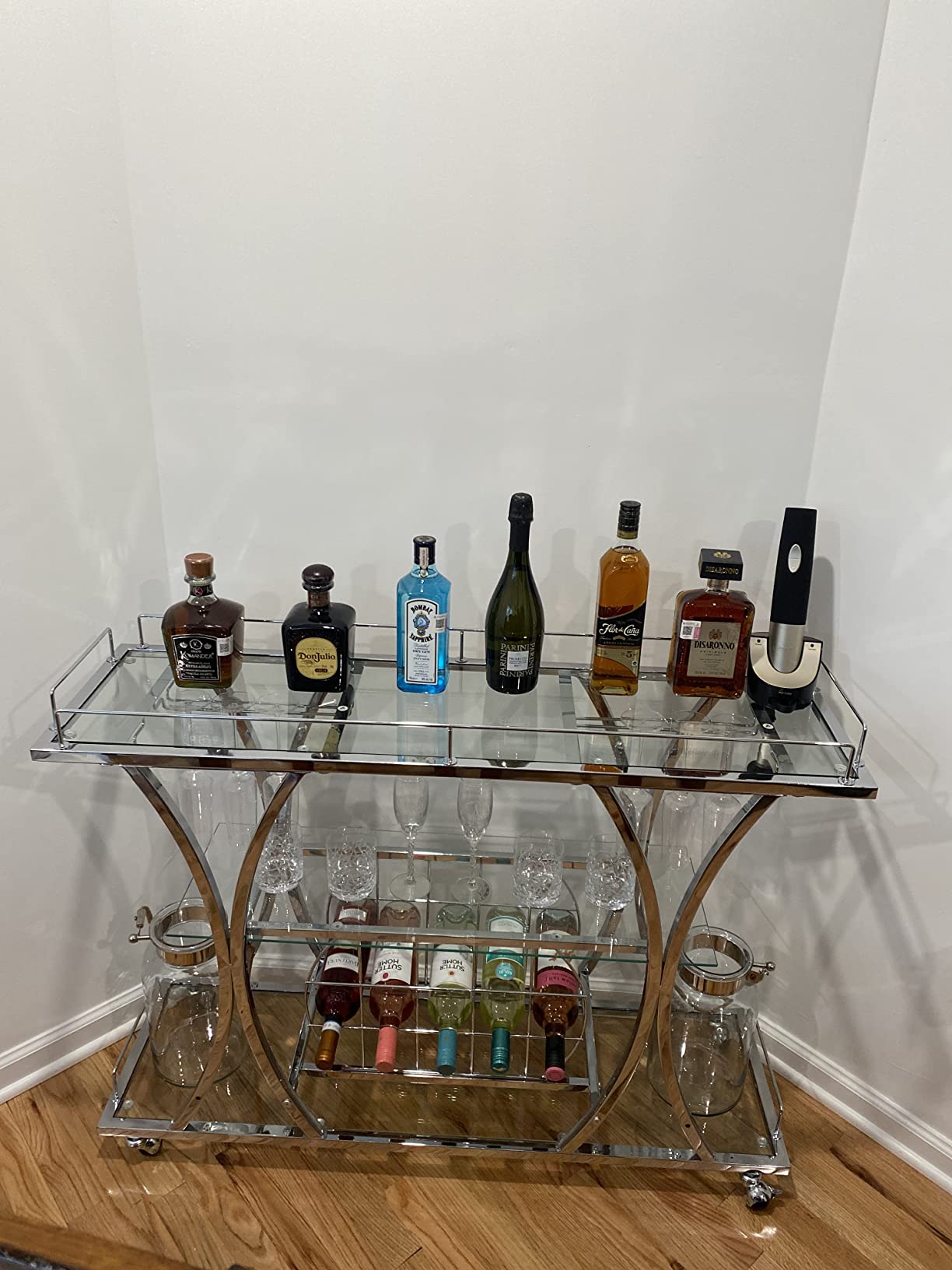 【Furniture】Bar Serving Cart with Glass Holder and Wine Rack, 3-Tier Kitchen Trolley, Mobile Wine Cart for Home