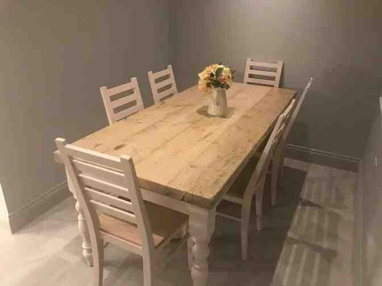 Farmhouse dining table with reclaimed wood top and 6 chairs
