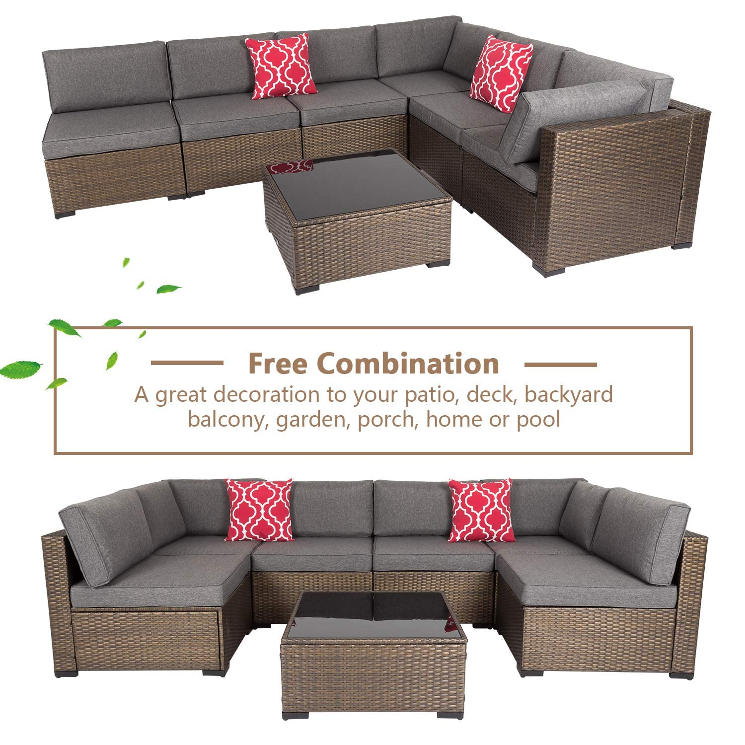 【Furniture】Outdoor Furniture Set, 7 Pcs Sectional Patio Furniture, PE Rattan Coversation Sofa Set