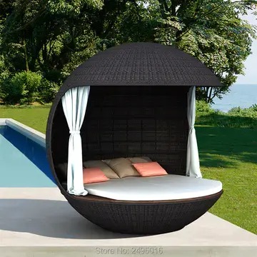 【Home&Garden】Outdoor furniture wicker ball shape Rattan Daybed with canopy For Swimming Pool Poolsidegarden