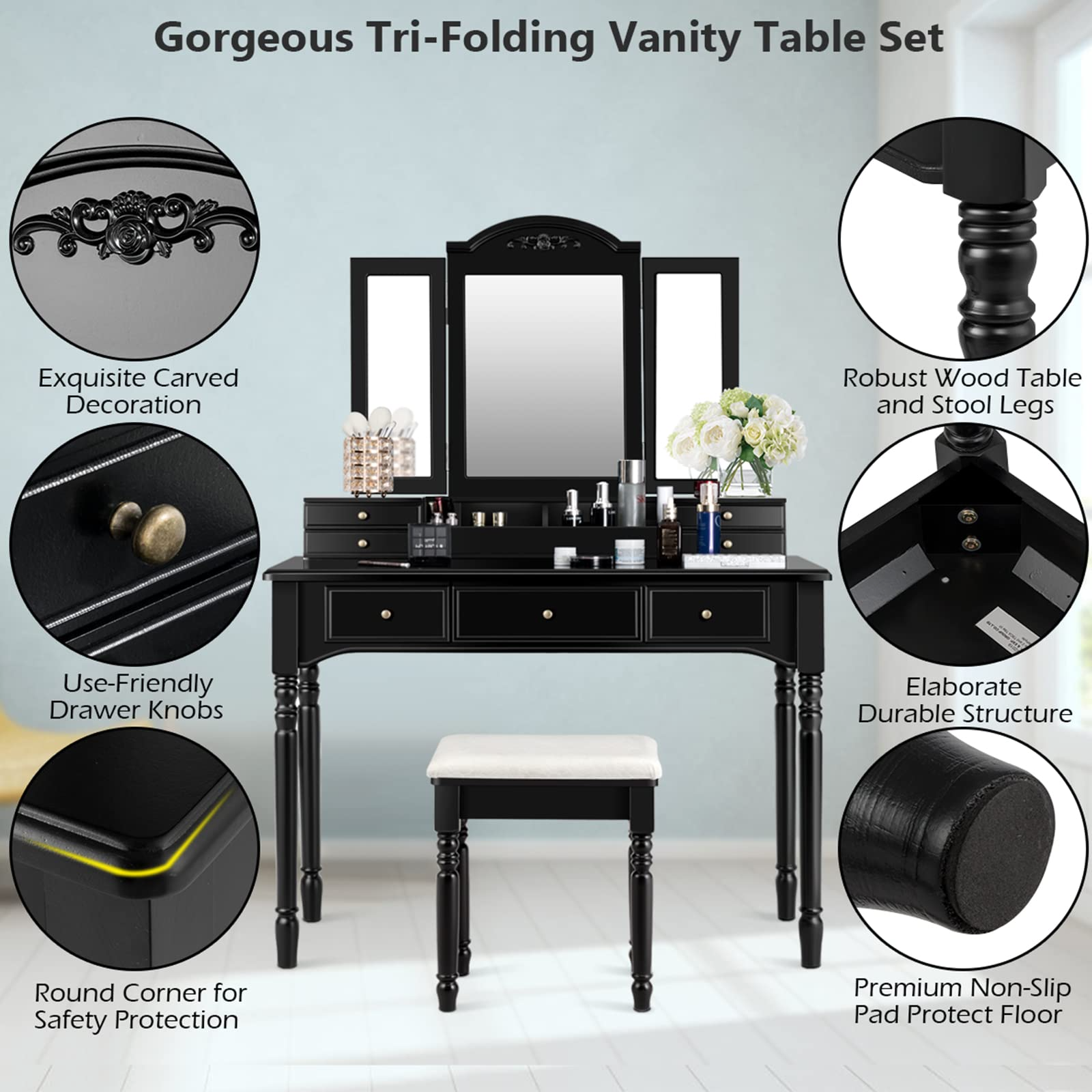 【Furniture】Vanity Desk Set, Dressing Table with Trifold Mirror, 8 Necklace Hooks, 7 Drawers