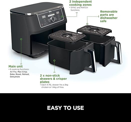 Ninja Foodi MAX Dual Zone Digital Air Fryer, 2 Drawers, 9.5L, 6-in-1, Uses No Oil, Air Fry, Max Crisp, Roast, Bake, Reheat, Dehydrate, Cook 8 Portions, Non-Stick Dishwasher Safe Baskets, Black AF400UK