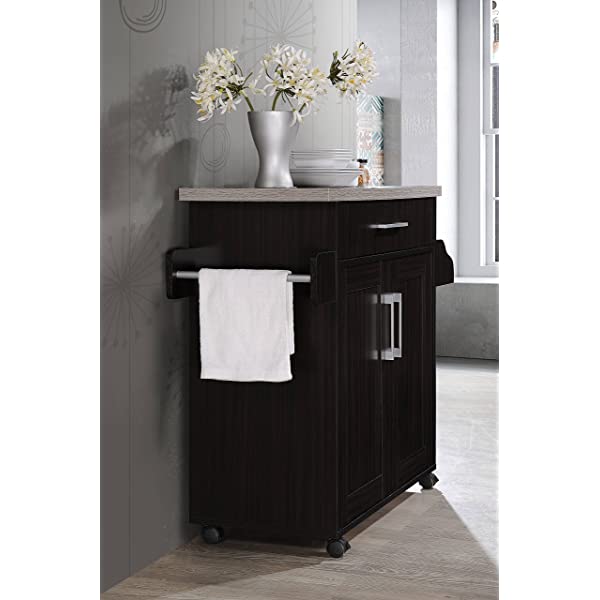 Hodedah Kitchen Island with Spice Rack, Towel Rack & Drawer, Black with Beech Top Black-beech