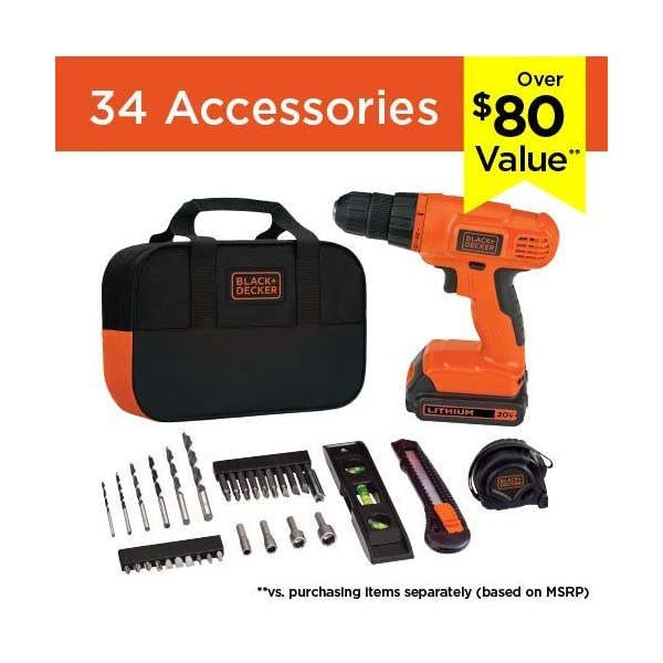 BLACK+DECKER 20V MAX Drill & Home Tool Kit, 34 Piece (BDCD120VA) , Orange Drill Project Kit