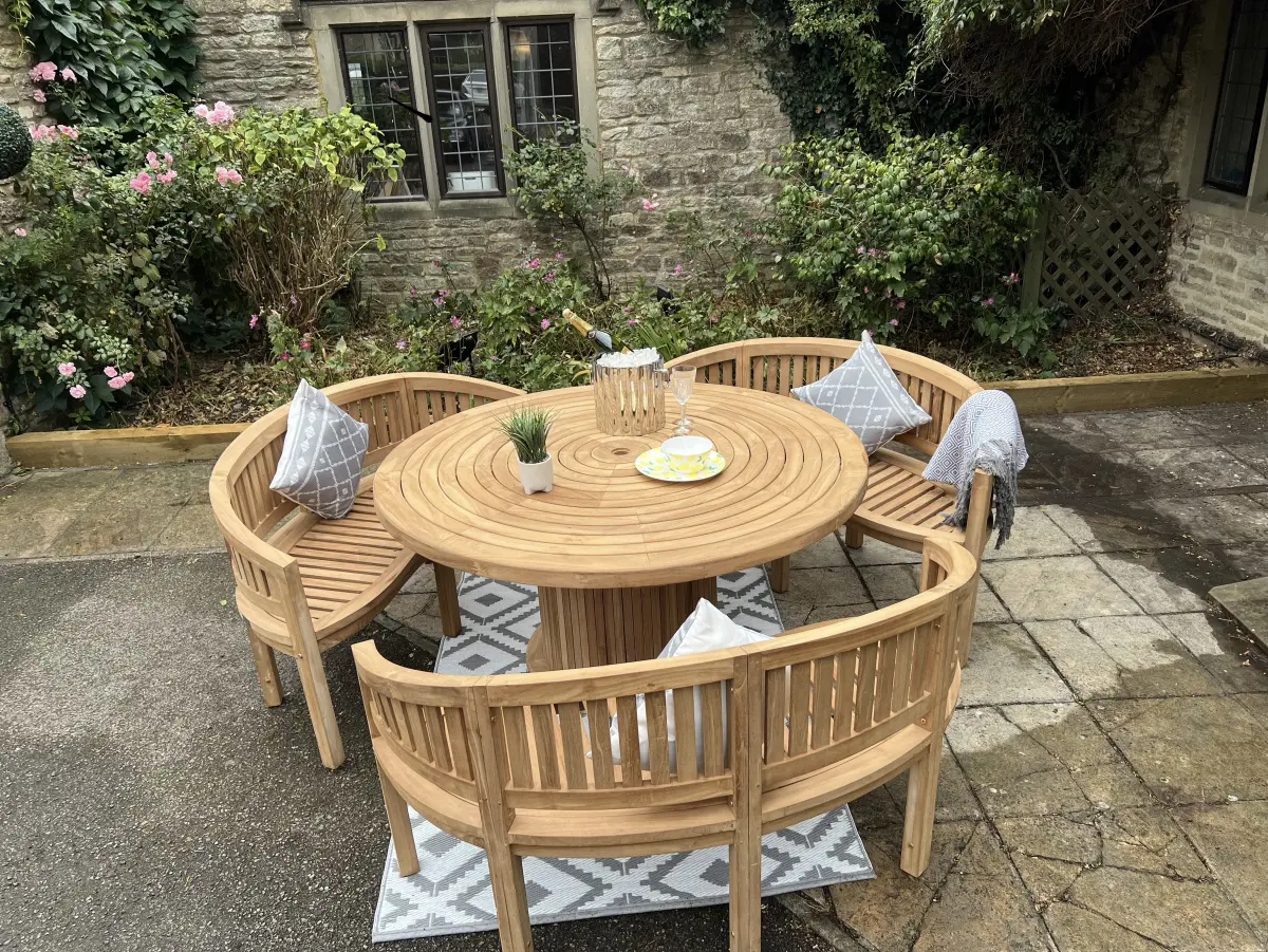 Teak Garden Furniture Round Table 150cm with 3 Bowood Benches