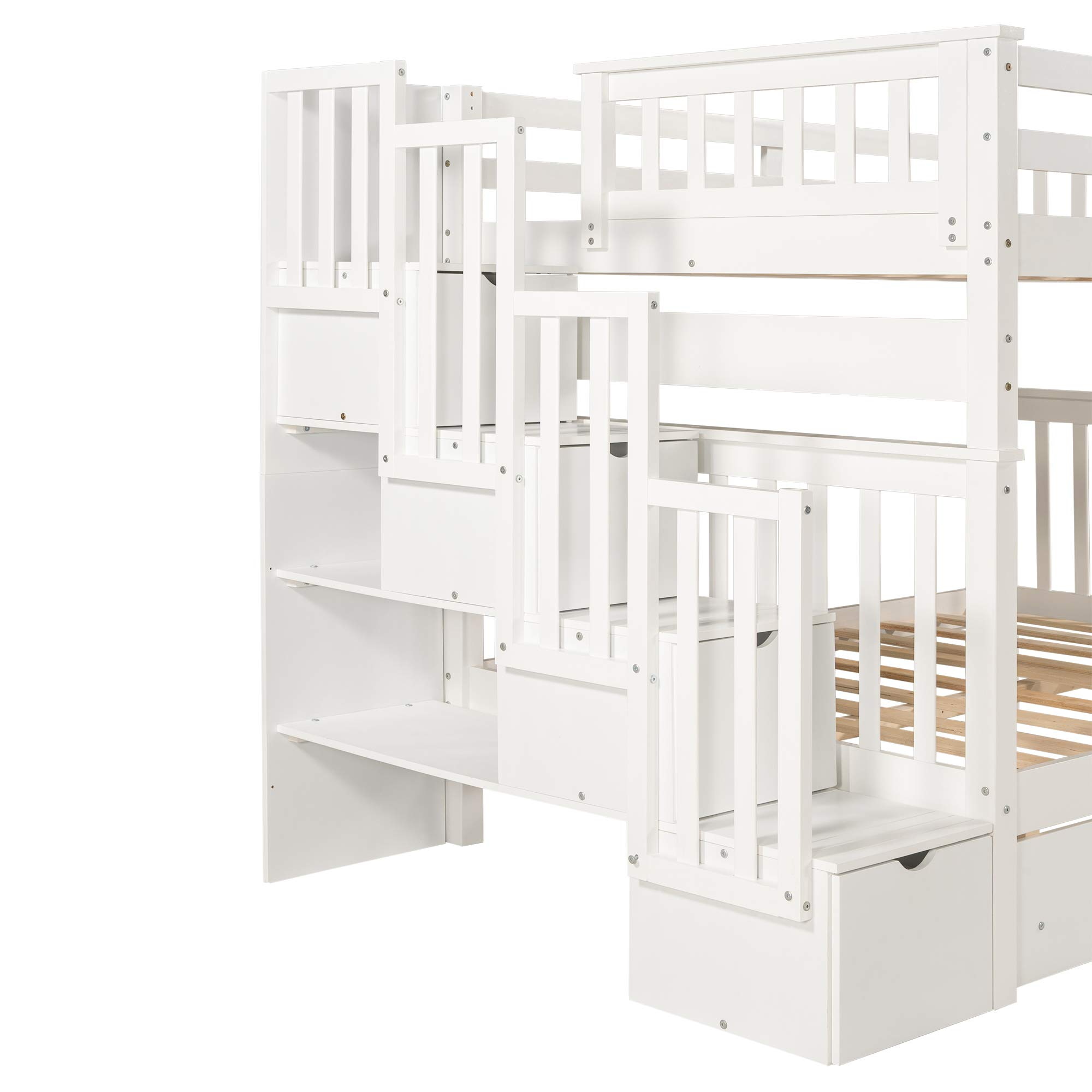 【Furniture】Full Over Full Bunk Bed with Shelves, Stairway Bunk Bed Full Size with 6 Storage Drawers