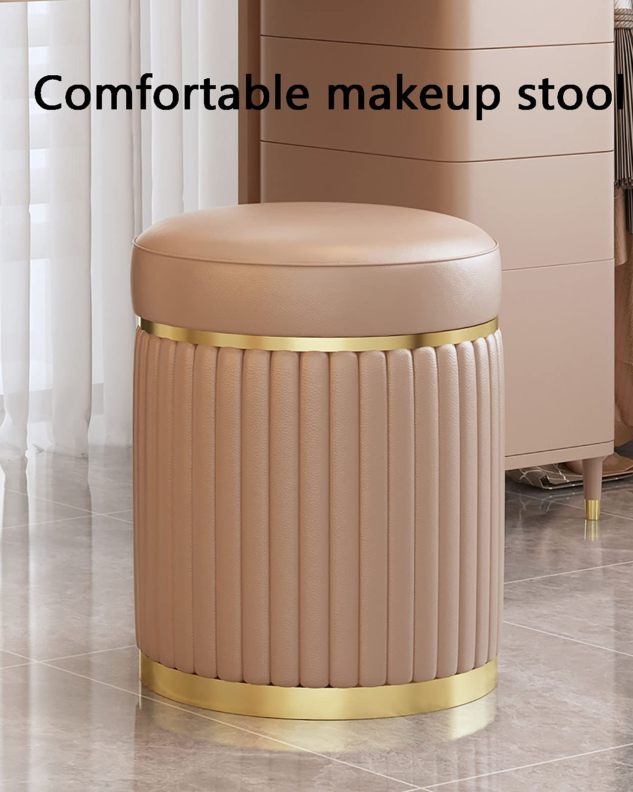 【Furniture】Light Luxury Vanity Set, Makeup Dressing Table with Mirror, 5 Large Drawers & Cushioned Stool