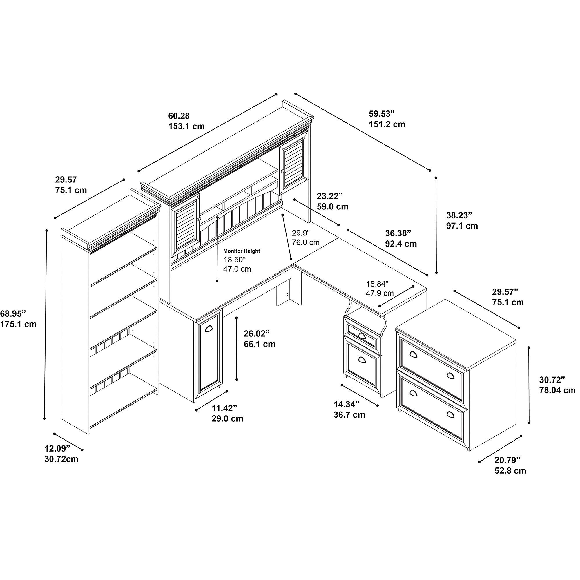 【Furniture】Fairview L Shaped Desk with Hutch, Bookcase and Lateral File Cabinet in Antique White