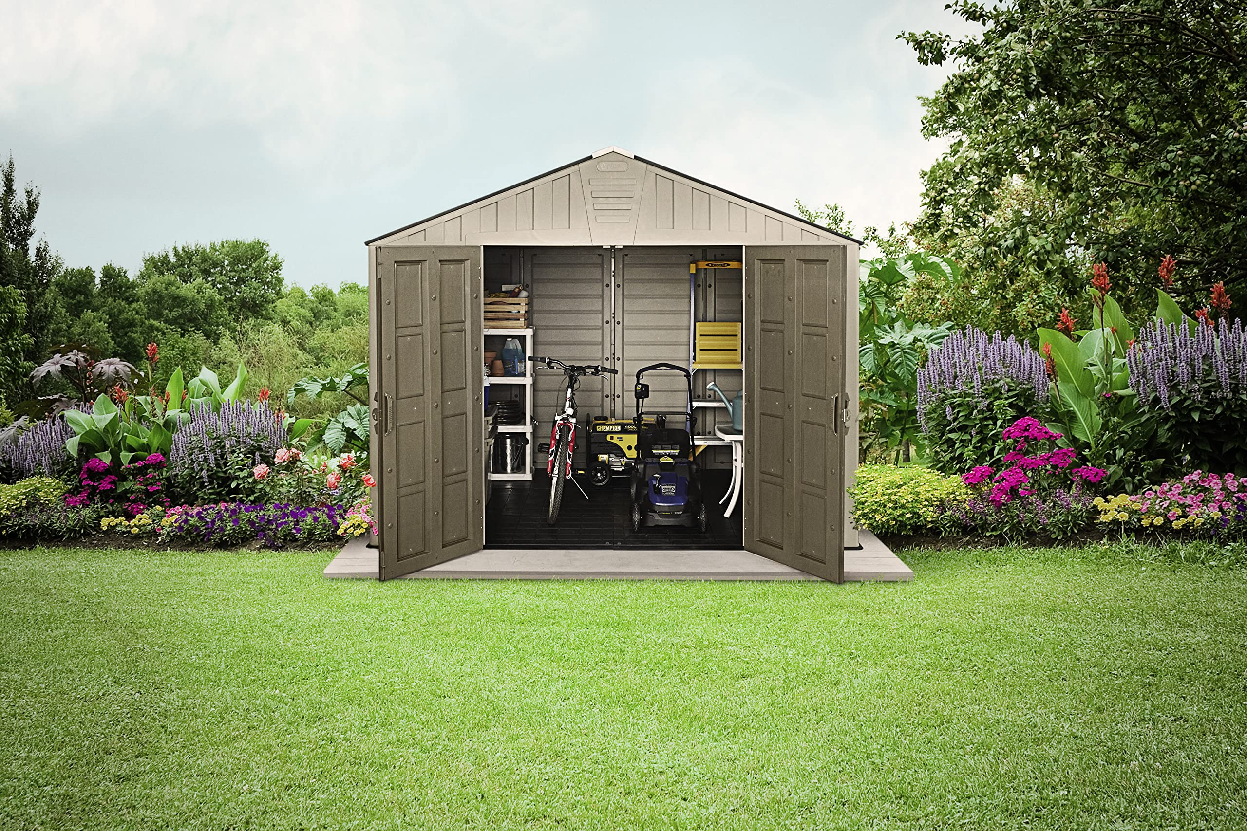 【Storage Shed】10x8 Large Resin Outdoor Shed for Patio Furniture, Lawn Mower, and Bike Storage, Taupe