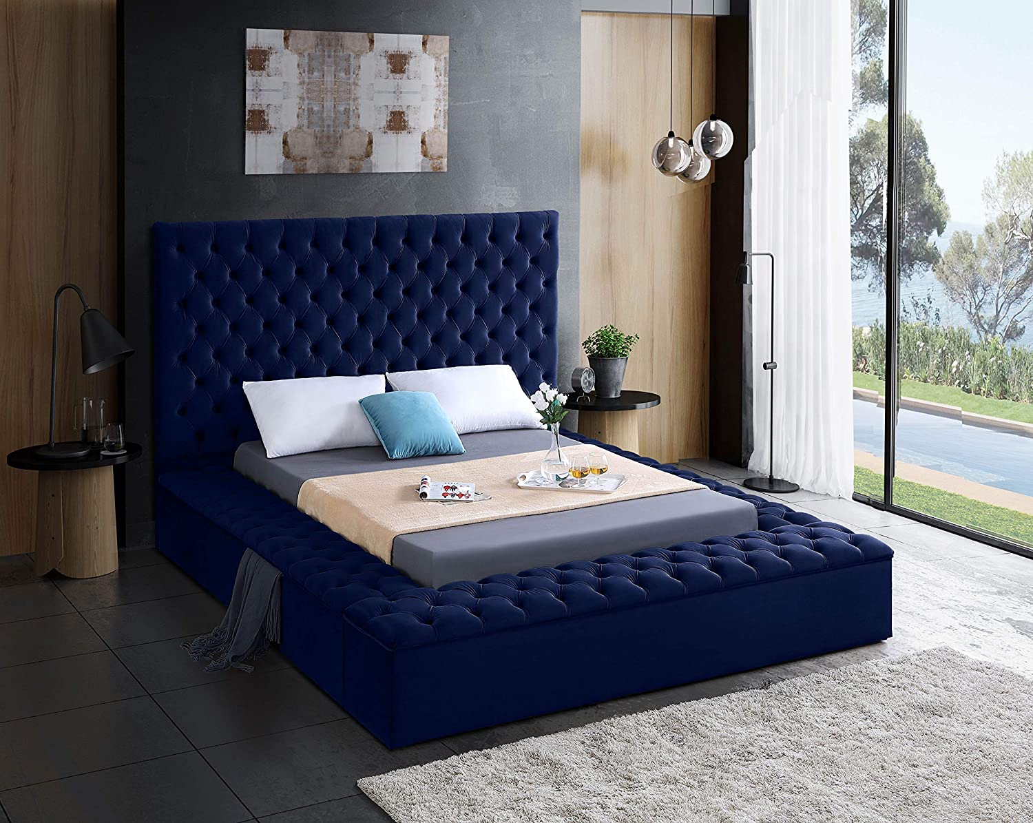 【Furniture】Contemporary Velvet Upholstered Bed with Deep Button Tufting & Storage Compartments