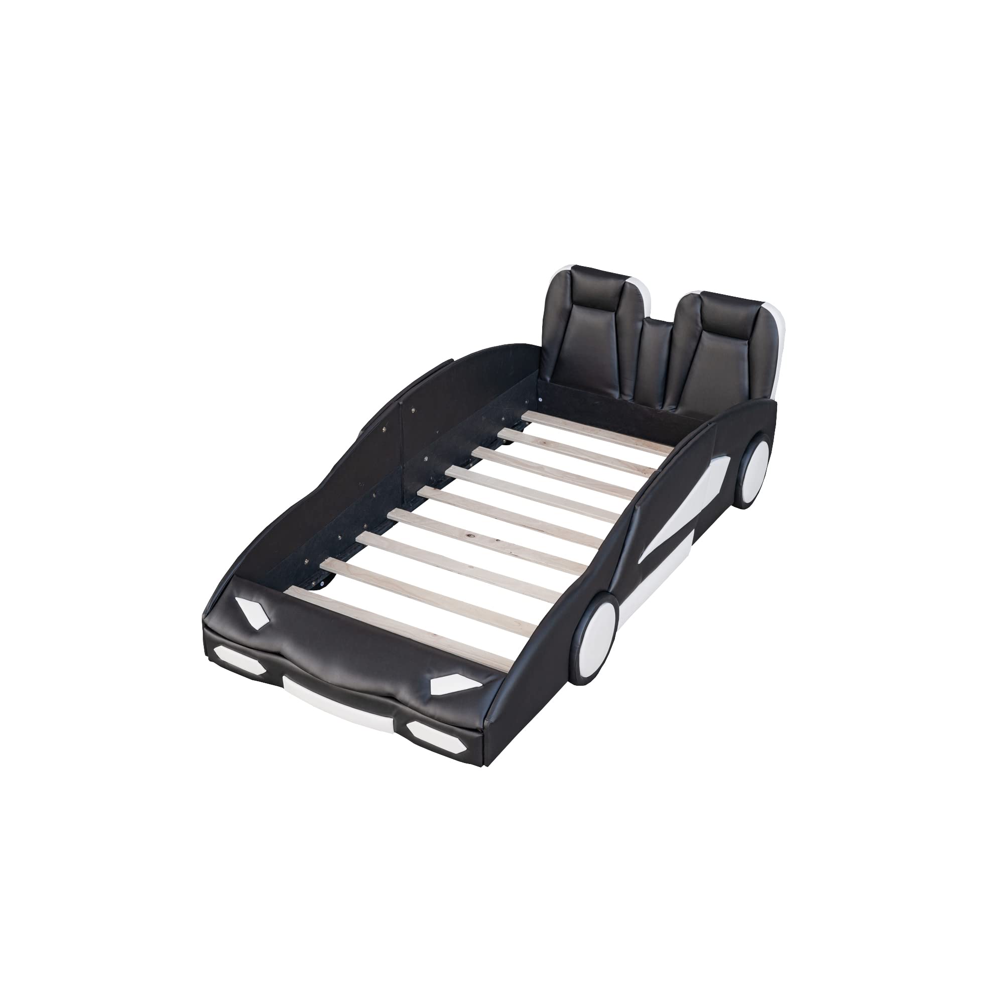 【Furniture】Twin Size Kids Platform Bed, Race Car-Shaped Bed with Wheels Design, Faux Leather Upholstered Bed Frame
