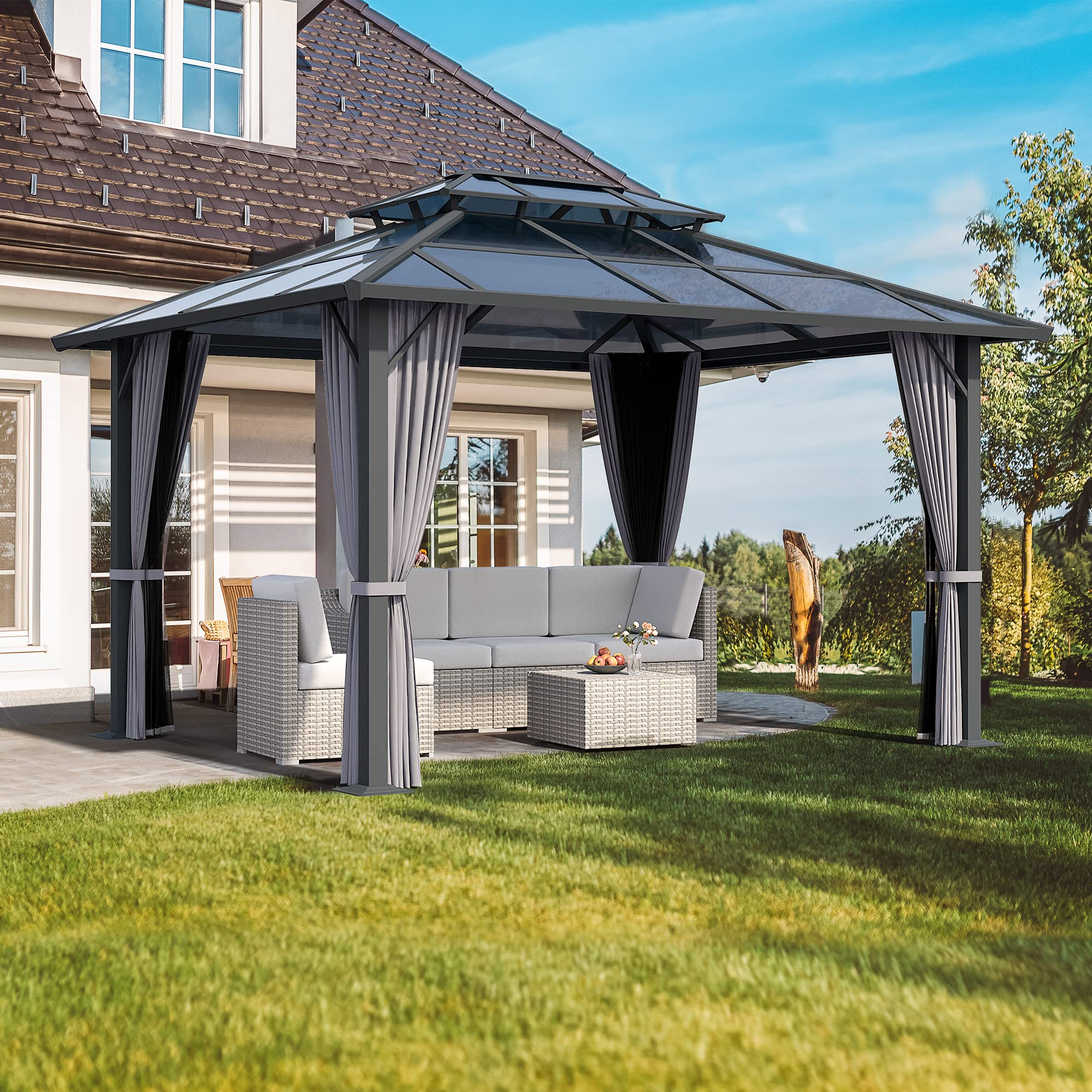 【Gazebo】10'x12' Outdoor Polycarbonate Double Hardtop Roof Gazebo, Aluminum Furniture Gazebo Canopy