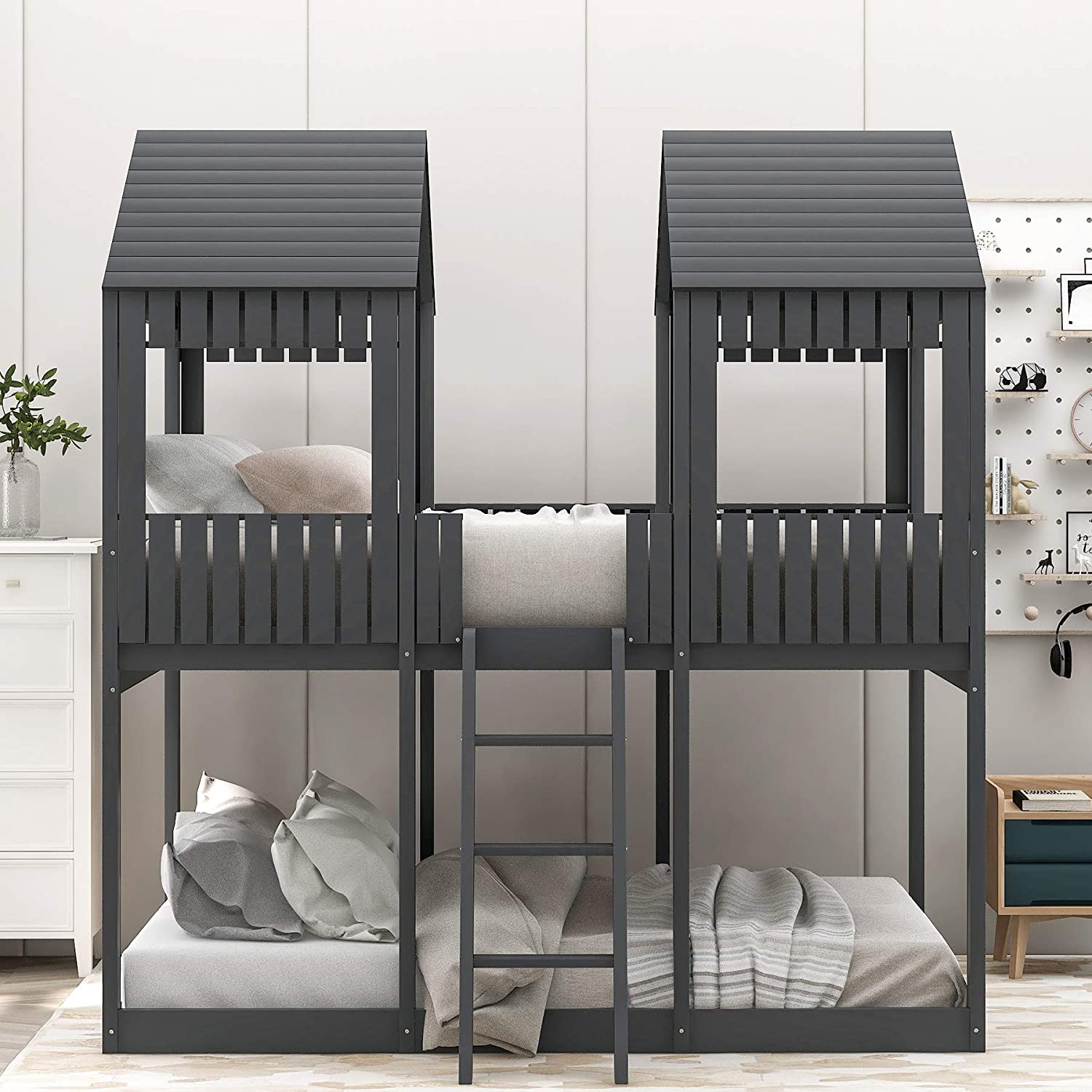 【Furniture】Low Bunk Beds Full Over Full Size, Wood Bunk Beds with Roof & Guard Rail for Kids
