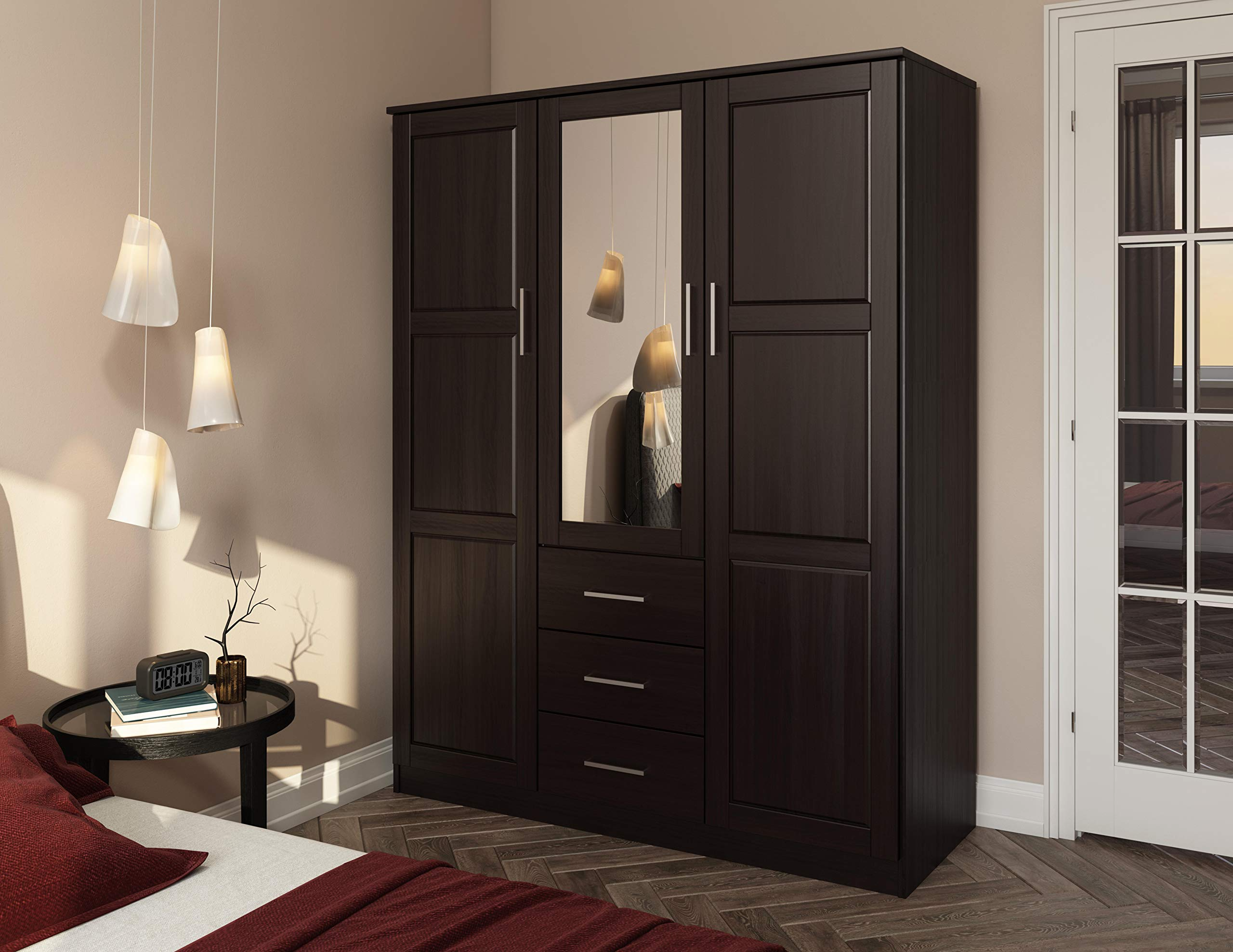 【Furniture】Cosmo Solid Wood 3-Door Wardrobe with Mirror and 3 Drawers, Java