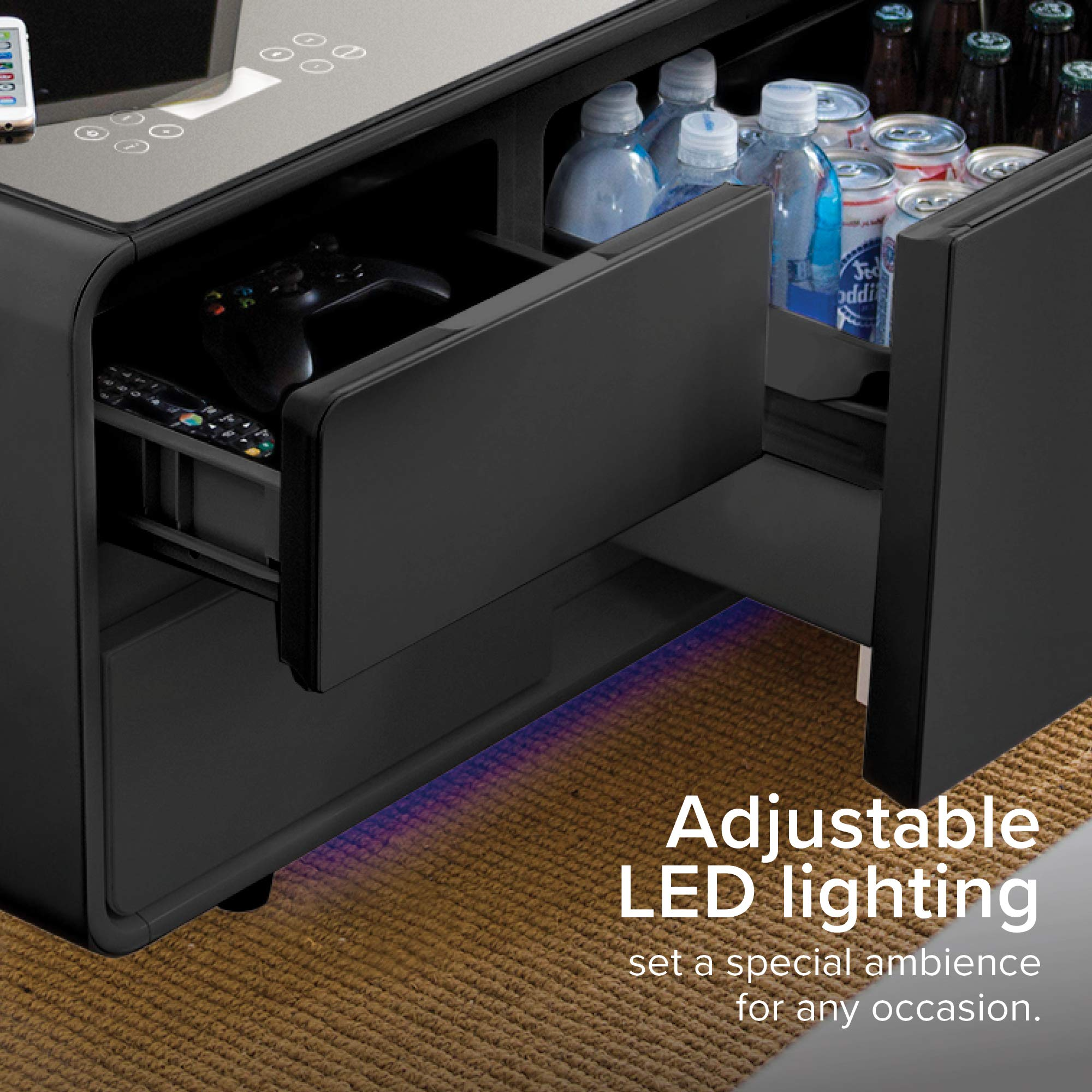 【Furniture】Coffee Table with Built in Fridge, Speakers, Outlets, LED Light, and More - Black