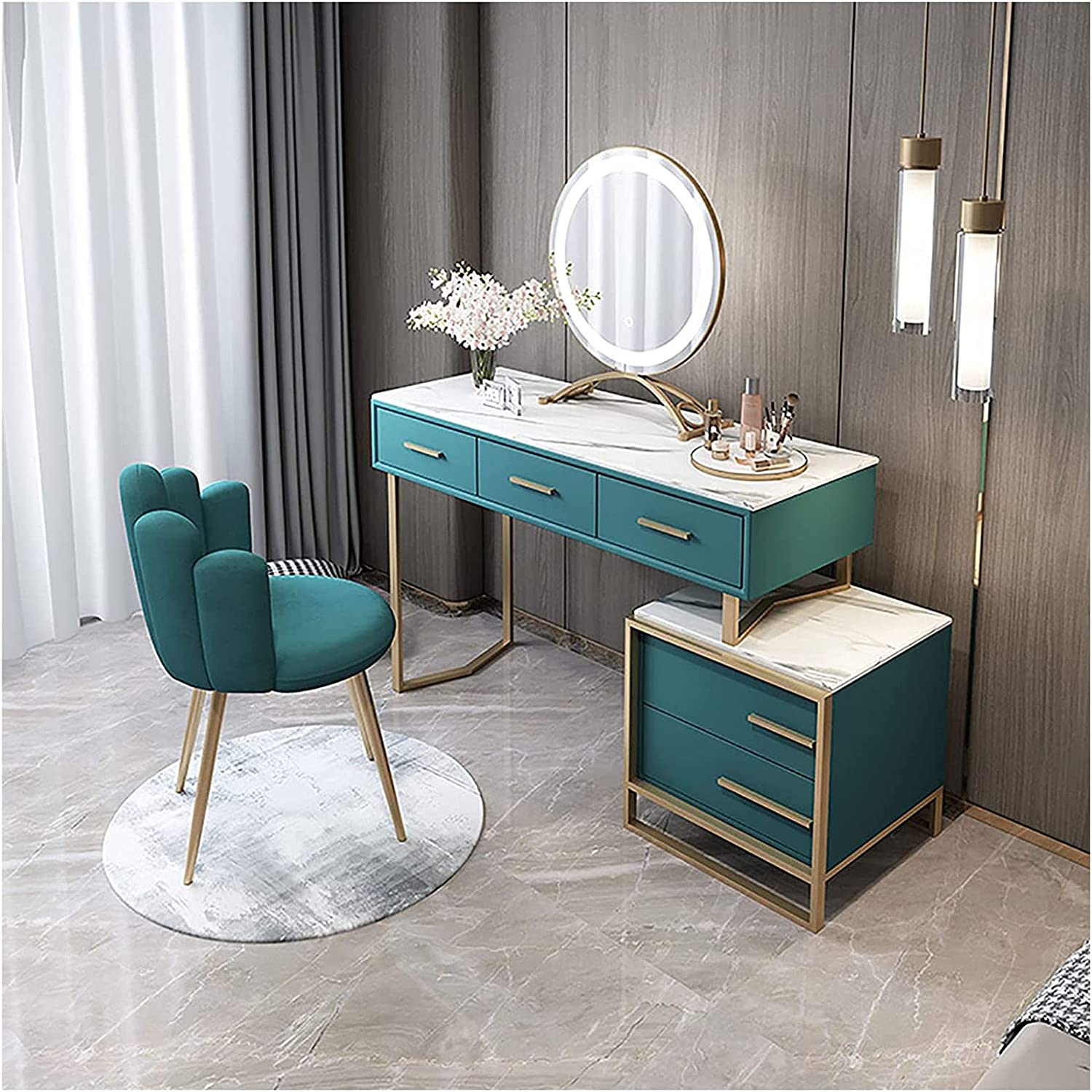 【Furniture】Italian Dressing Table with LED Mirror, Makeup Table with Marble Textured, Lockers & Makeup Chairs