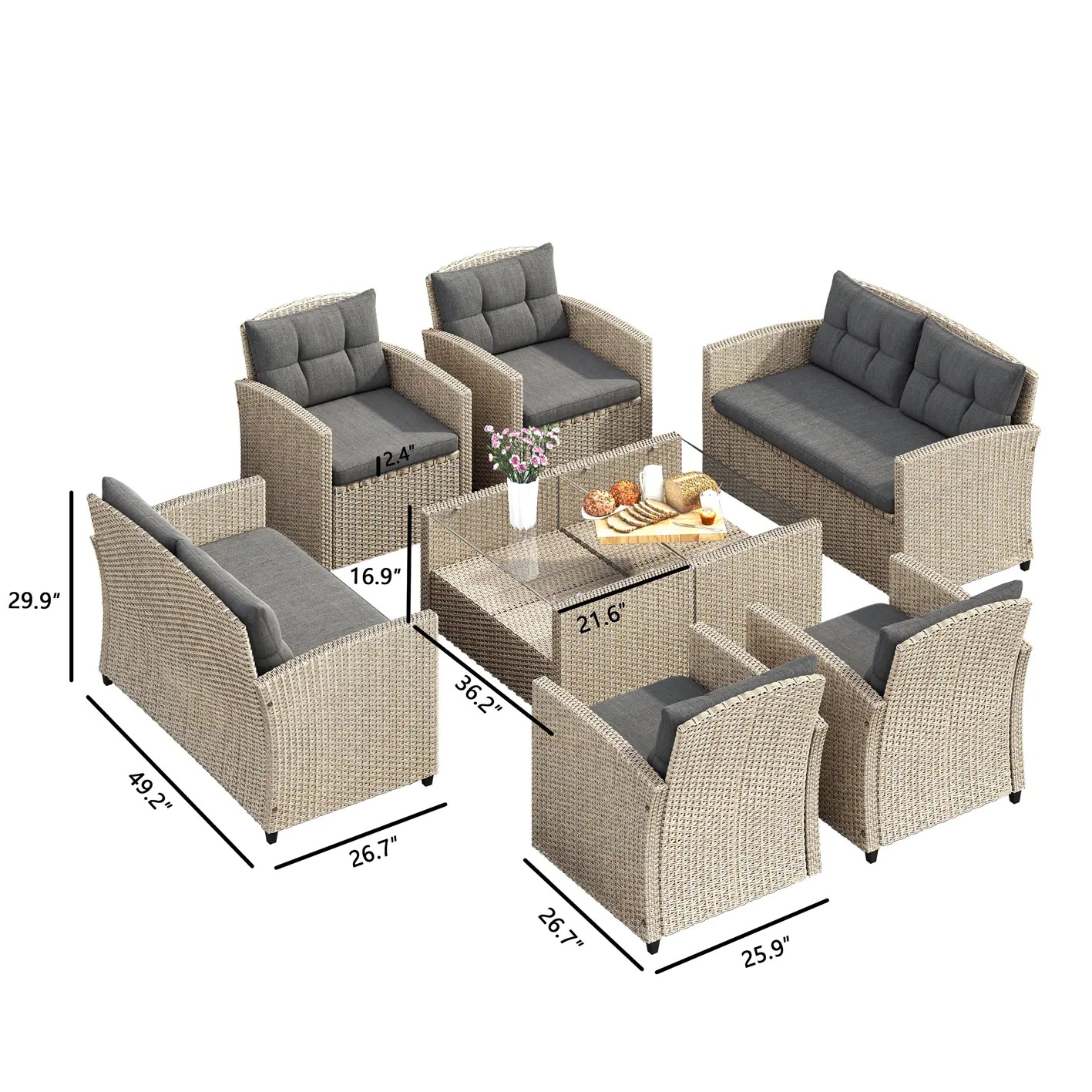 【Furniture】Corvus Armitage 8-piece Outdoor Wicker Sofa Set with Cushions - Light Grey