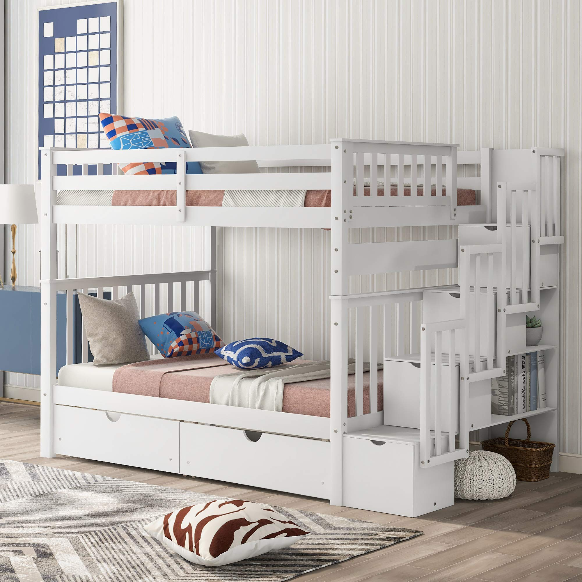 【Furniture】Full Over Full Bunk Bed with Shelves, Stairway Bunk Bed Full Size with 6 Storage Drawers