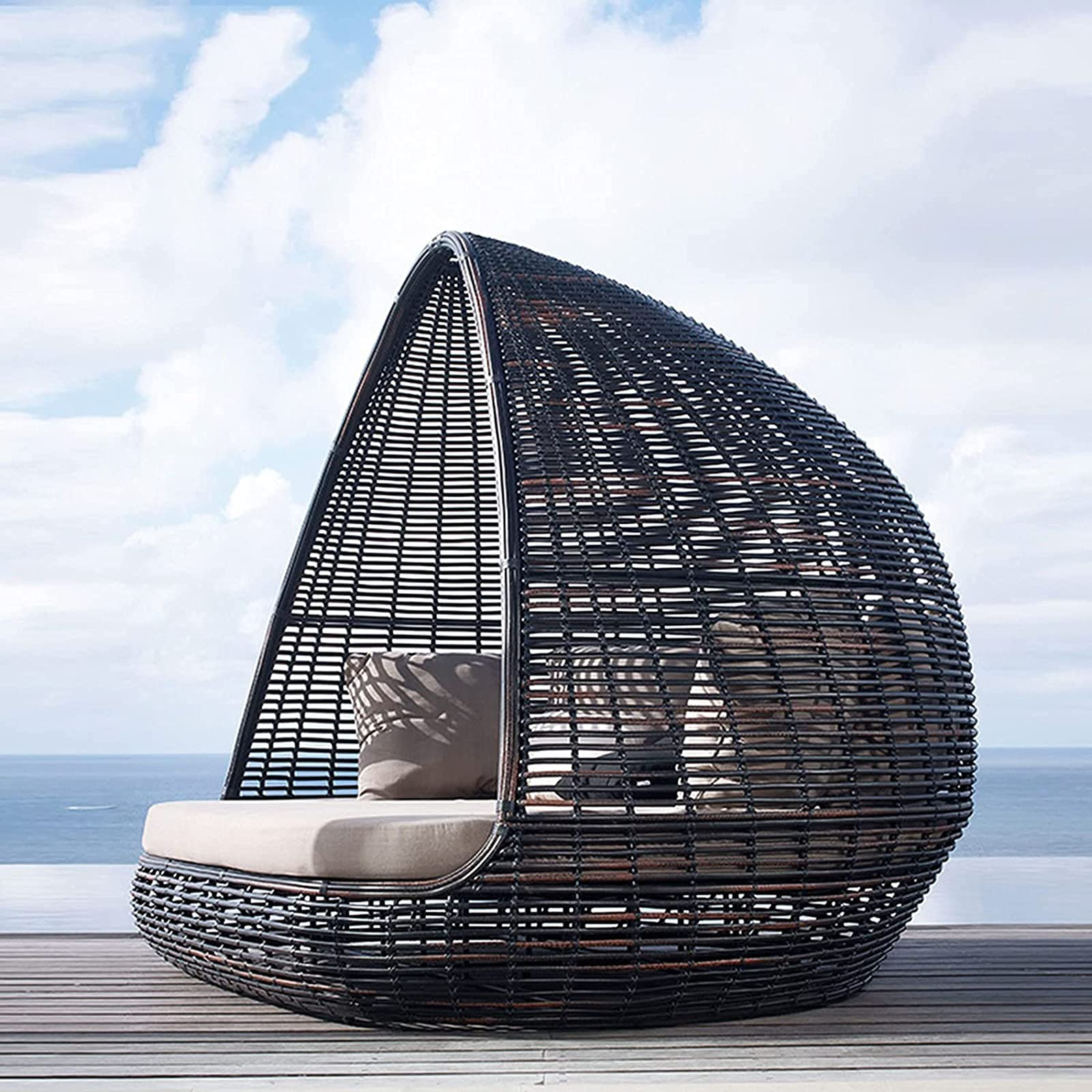 【Furniture】Rattan Wicker Sofa Bed, Creative Bird's Nest Patio Daybed Furniture, Outdoor Rattan Sun Loungers