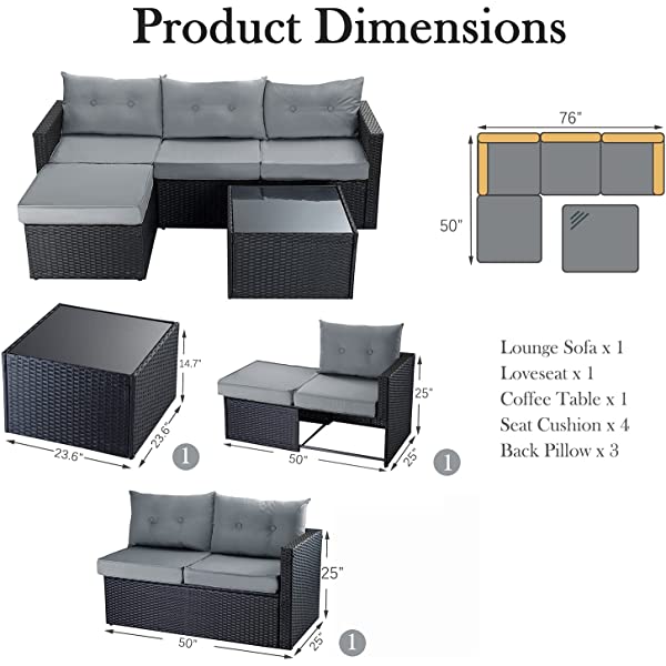 Allewie Dark Grey Patio Conversation Set, 3 Pieces PE Wicker Rattan Outdoor Furniture Set, Lounge Sofa and Loveseat with Cushions, Tempered Glass Coffee Table (Black & Dark Grey) Dark Grey & Black