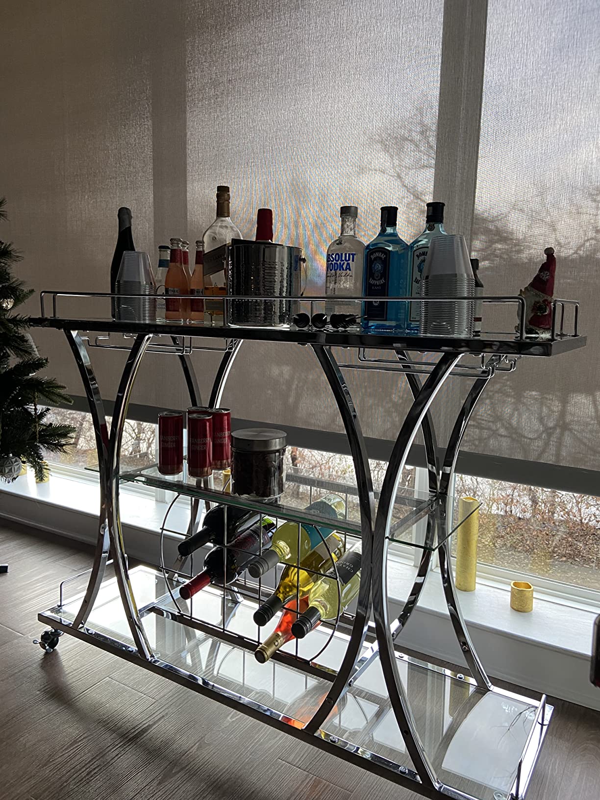 【Furniture】Bar Serving Cart with Glass Holder and Wine Rack, 3-Tier Kitchen Trolley, Mobile Wine Cart for Home