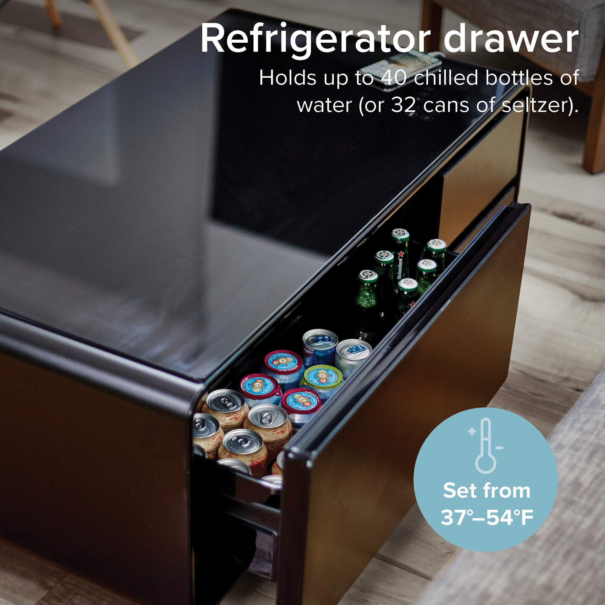 【Furniture】Coffee Table with Built in Fridge, Speakers, Outlets, LED Light, and More - Black