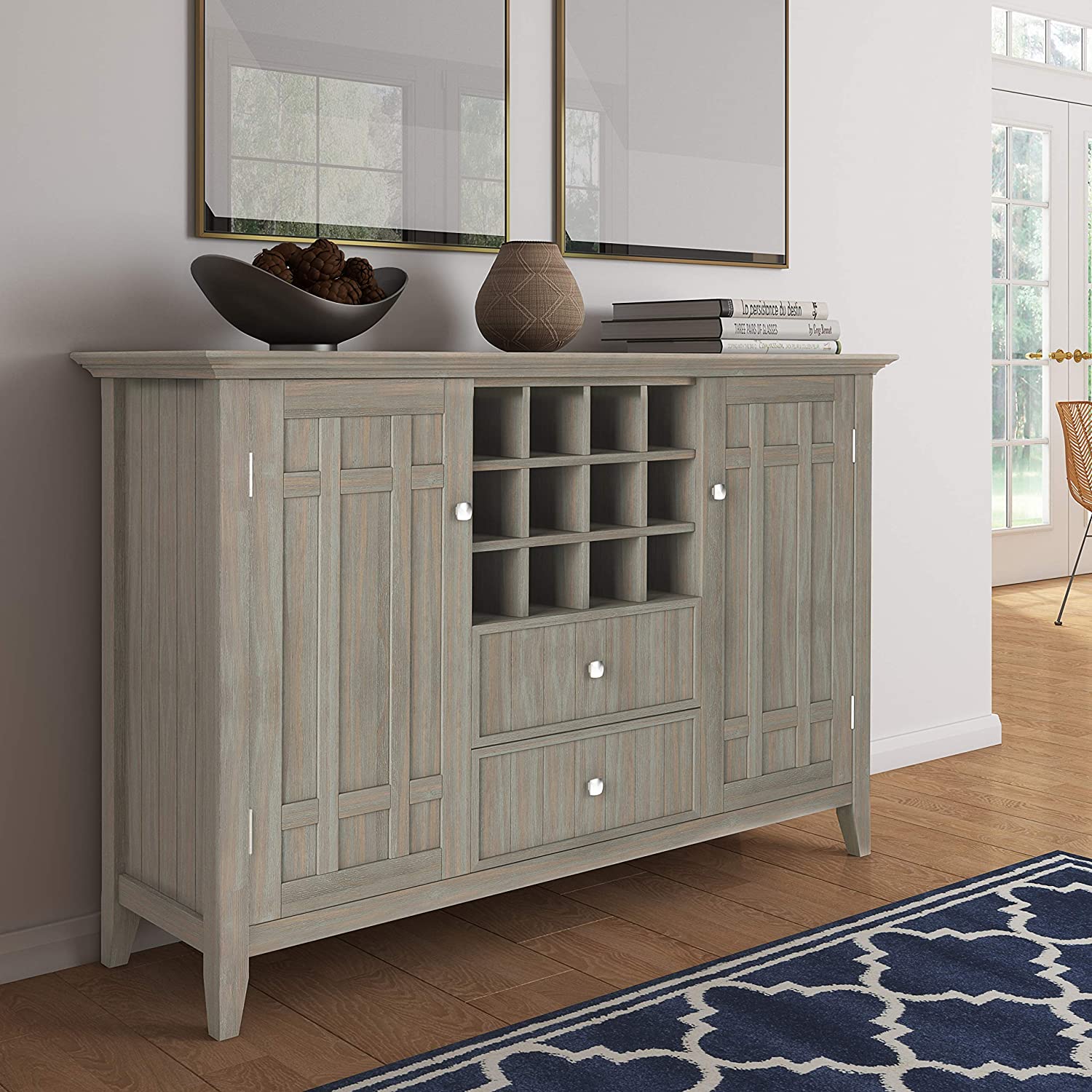 【Furniture】Solid Pine Wood 54 inch Rustic Sideboard Buffet Credenza in Dark Tobacco Brown