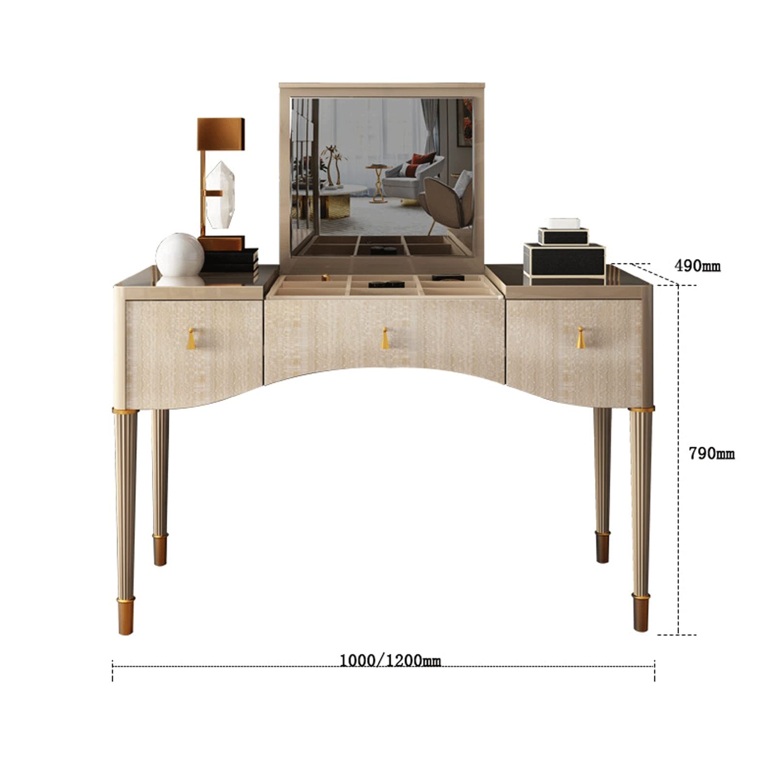 【Furniture】Vanity Sesk with Mirror & Lights Light Luxury Solid Wood Dressing Table Modern Minimalist