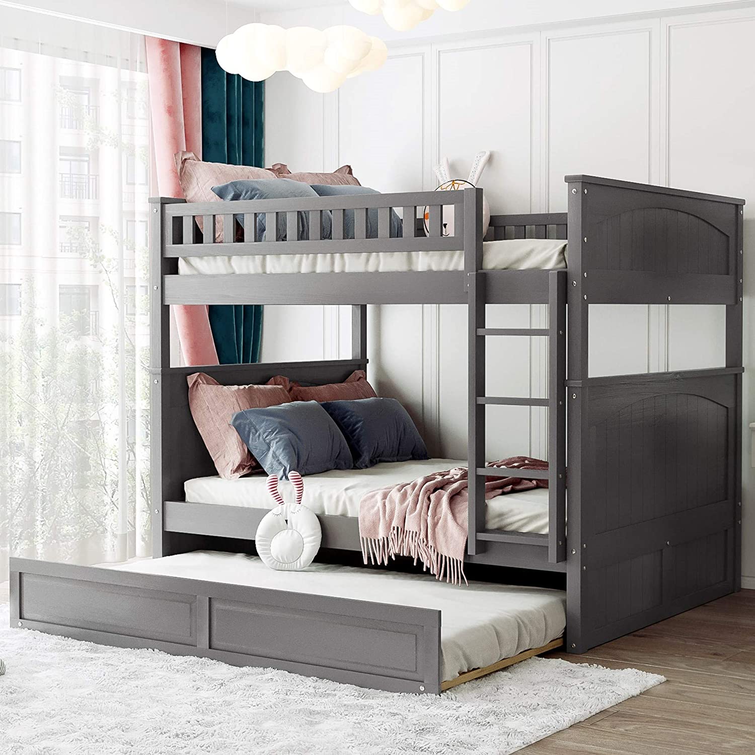 【Furniture】Full Over Full Bunk Bed for Kids Teens, Detachable Wood Full Bunk Bed Frame with Trundle