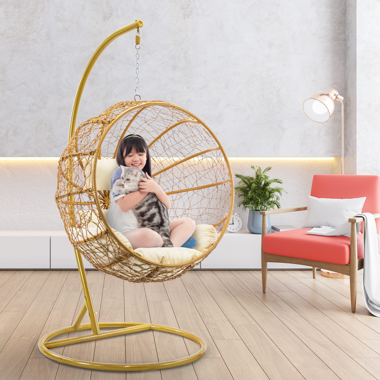 【Home&Garden】Porch Swing Chair with Stand, Cushion & Pillow, Goldden Egg Rattan Wicker Swing Hanging Chair