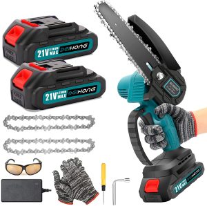 Chain saw 6 inches, with 2 batteries, cordless power chain saw, with safety lock, handheld small chainsaw