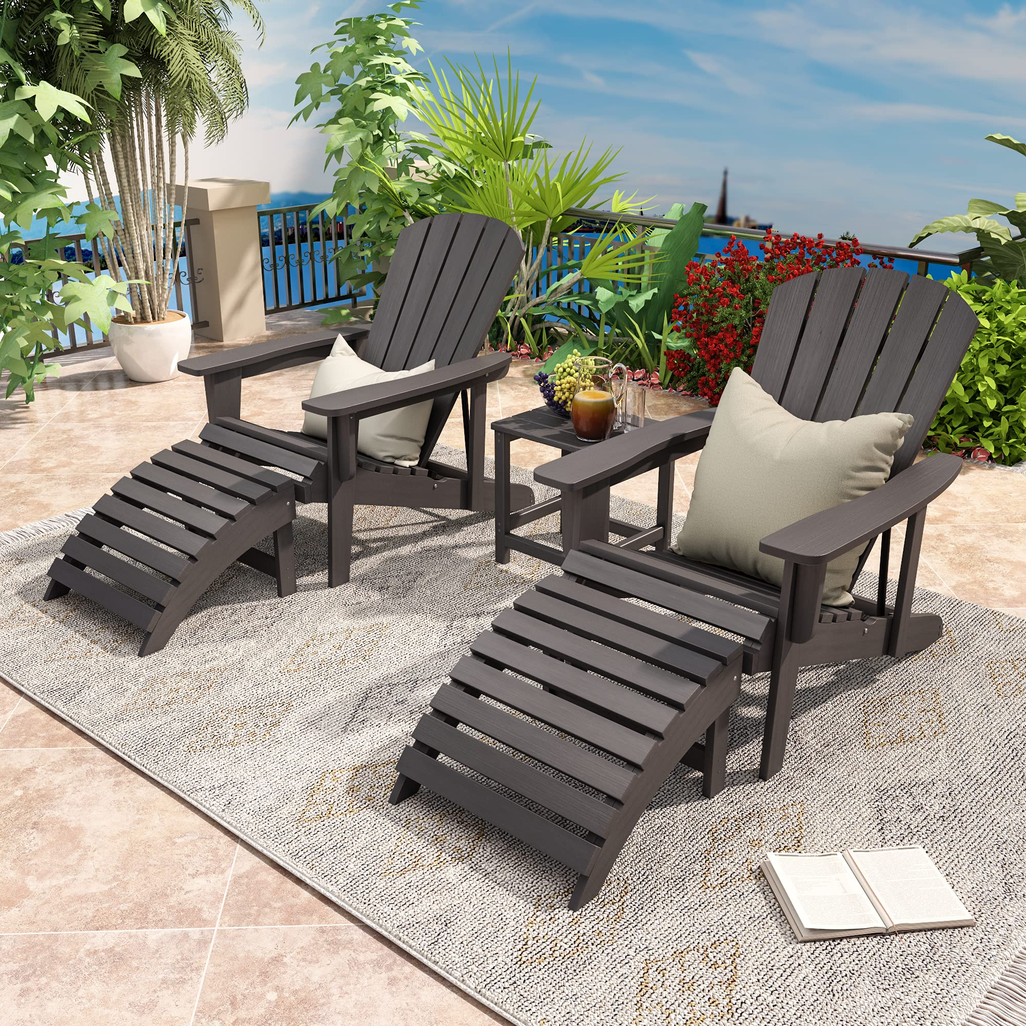 【Home&Garden】5-Piece Adirondack Chair Set, Adjustable Backrest Adirondack Chair with Ottoman & Side Table