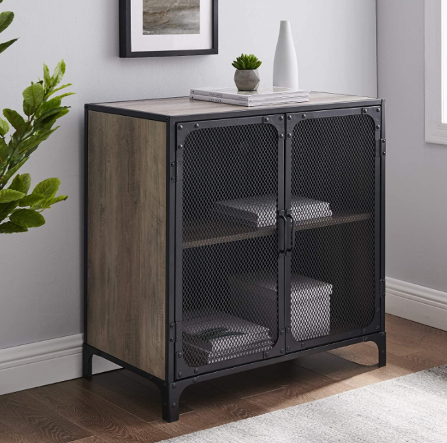 Walker Edison Malcomb industrial metal mesh storage cabinet with 2 doors, 76.2 cm, grey wash
