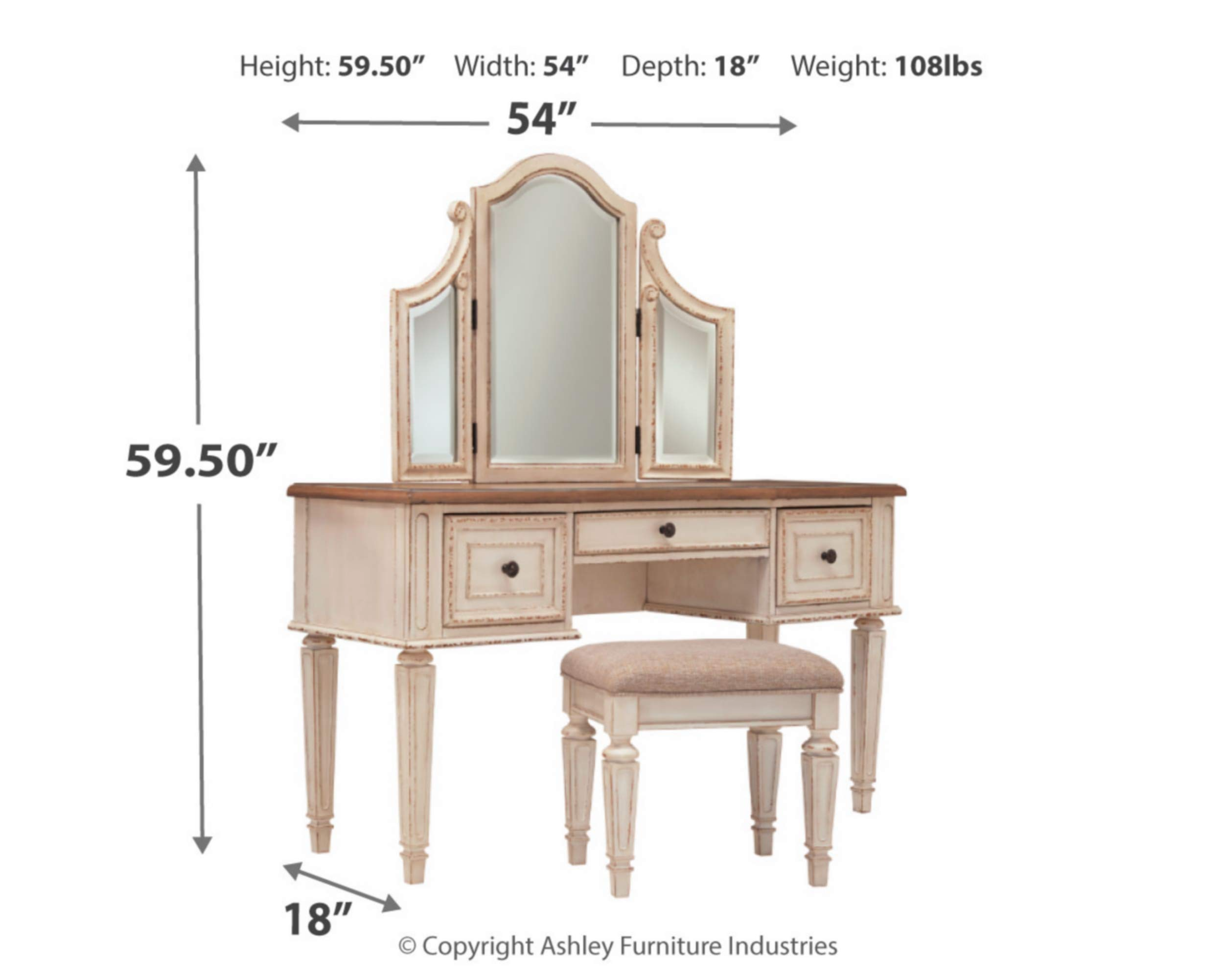 【Furniture】Traditional Cottage 3 Drawer Vanity Set with Dovetail Construction, Mirror & Stool Included