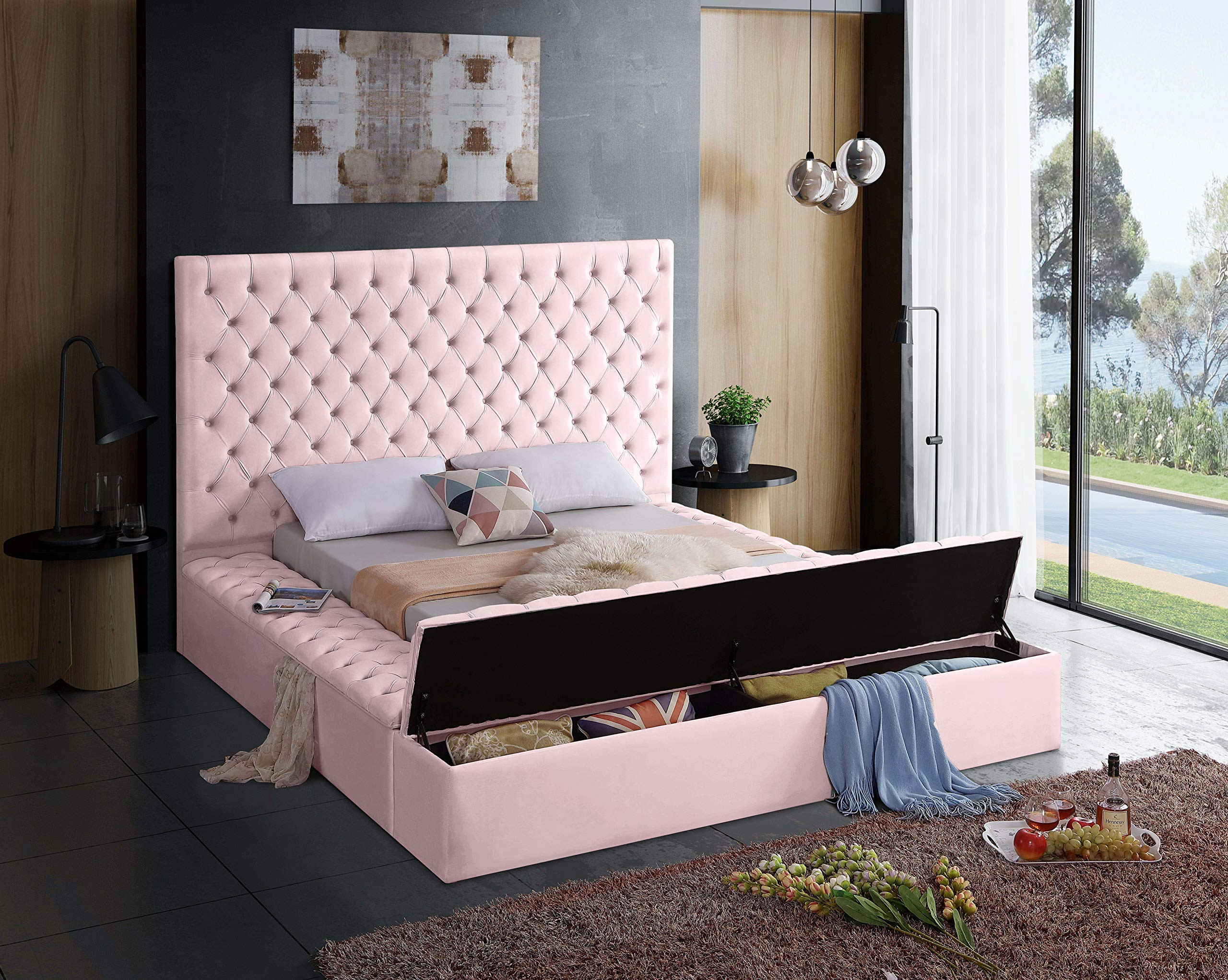 【Furniture】Contemporary Velvet Upholstered Bed with Deep Button Tufting & Storage Compartments