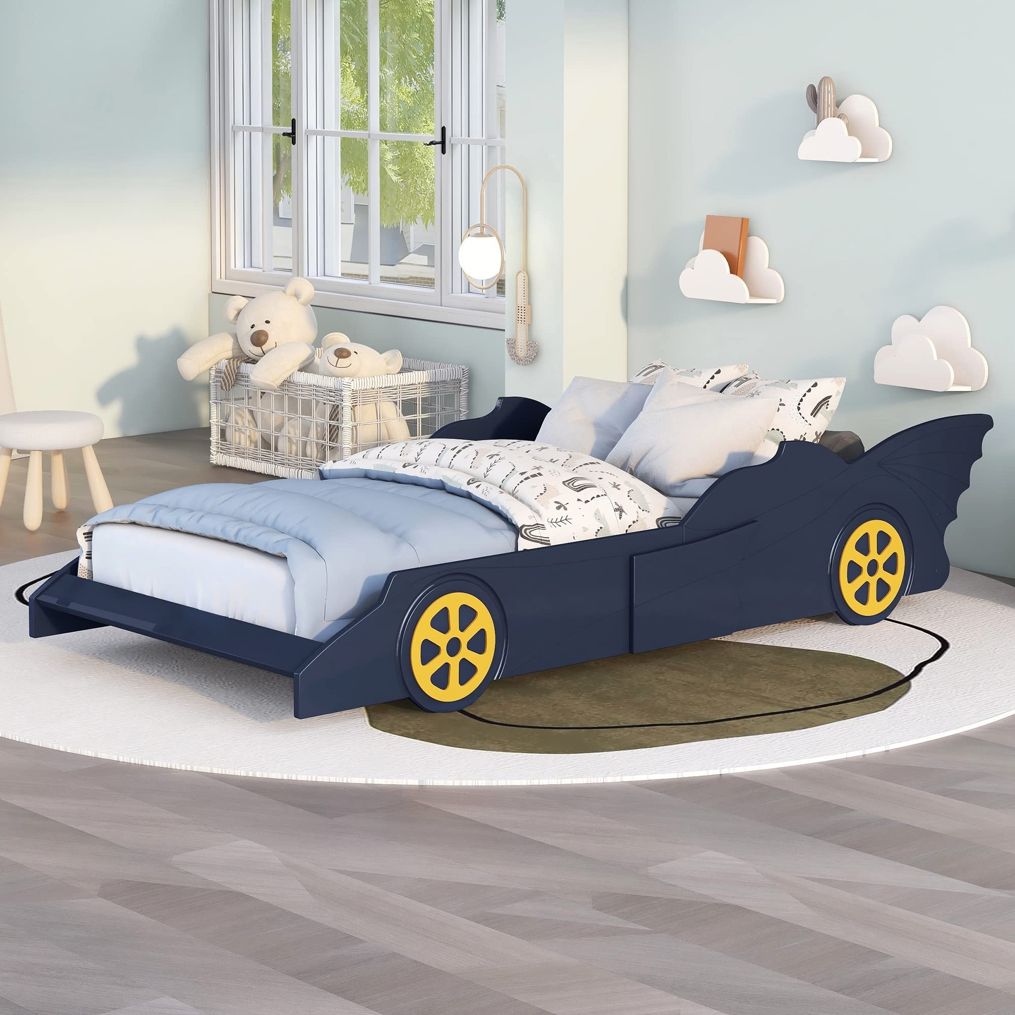 【Furniture】Twin Size Kids Platform Bed, Race Car-Shaped Bed with Wheels Design, Faux Leather Upholstered Bed Frame