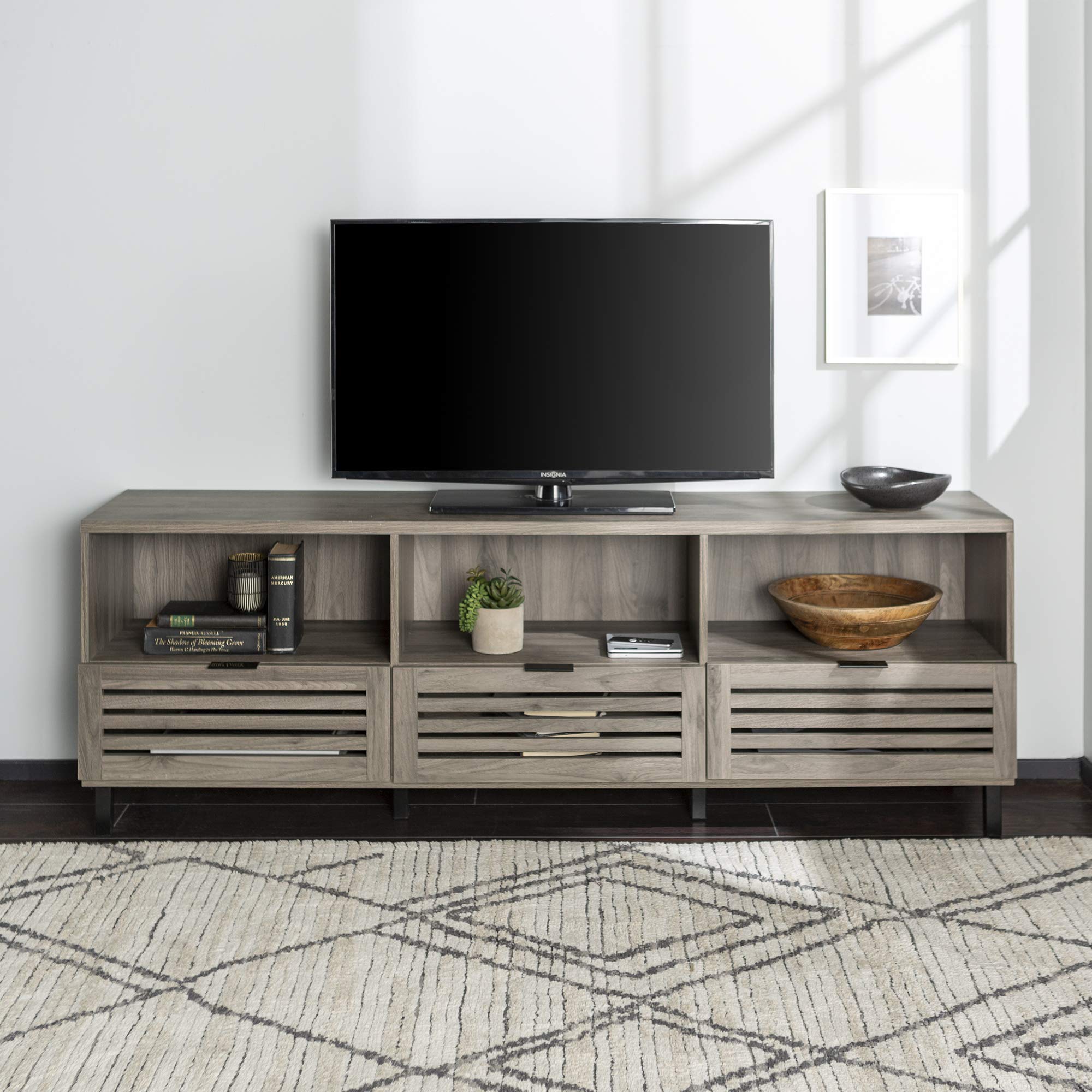【Furniture】Modern Slatted Wood TV Stand for TV's up to 80