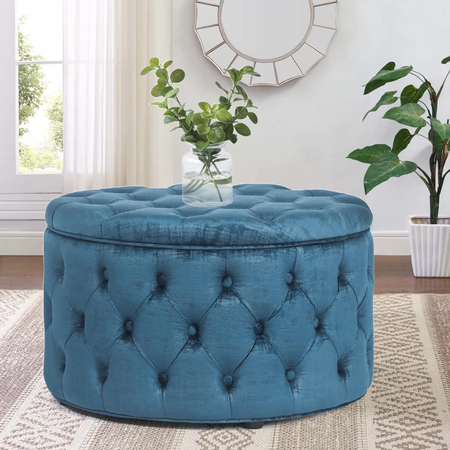 【Furniture】Homebeez Round Velvet Storage Ottoman, Button Tufted Footrest Stool Coffee Table