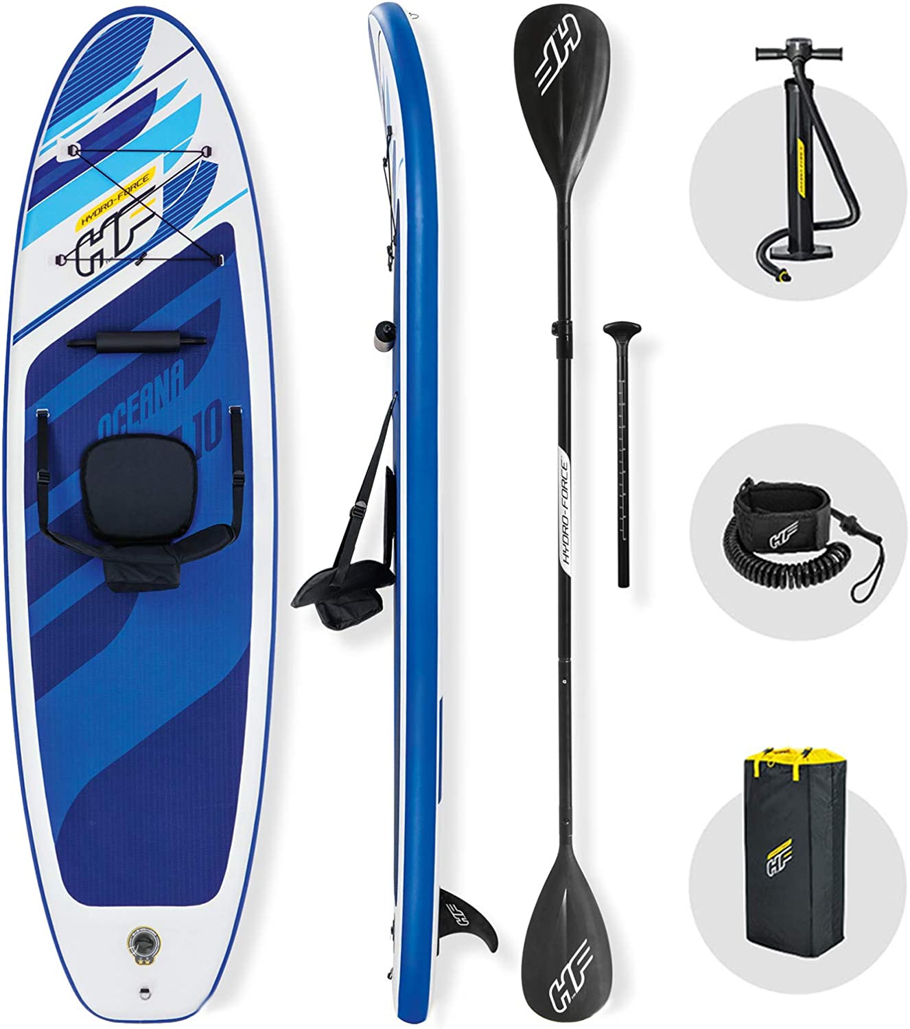 Hydro-Force SUP, Inflatable Stand Up Paddle Board, Complete Set with Kayak Conversion Kit