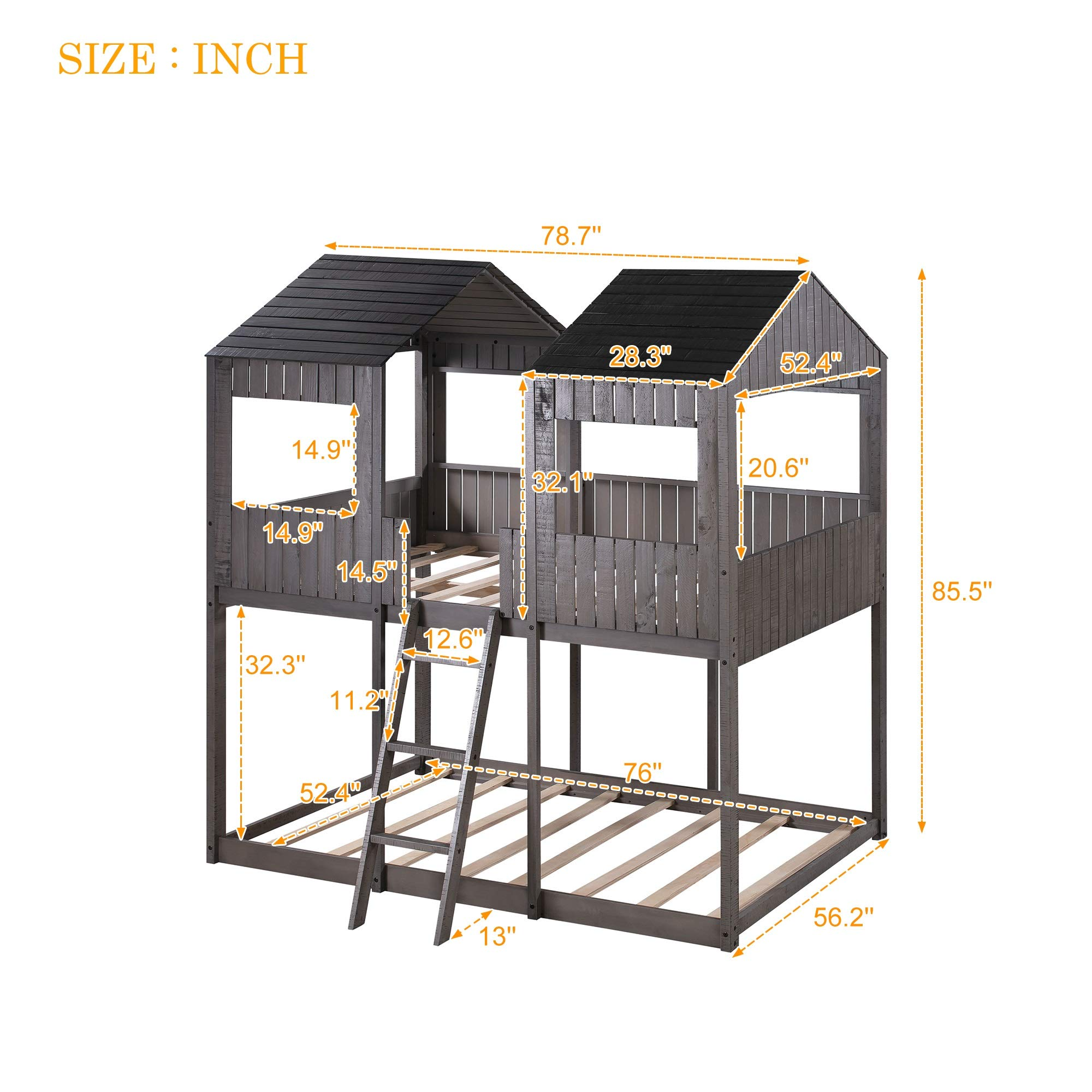 【Furniture】Low Bunk Beds Full Over Full Size, Wood Bunk Beds with Roof & Guard Rail for Kids