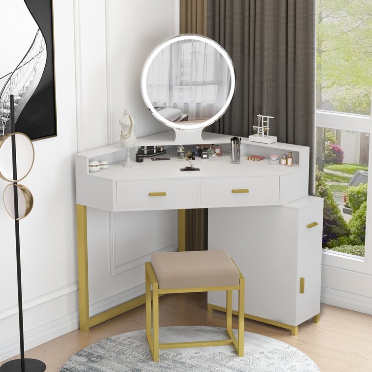 【Furniture】Corner Vanity Set with Lighted Mirror
