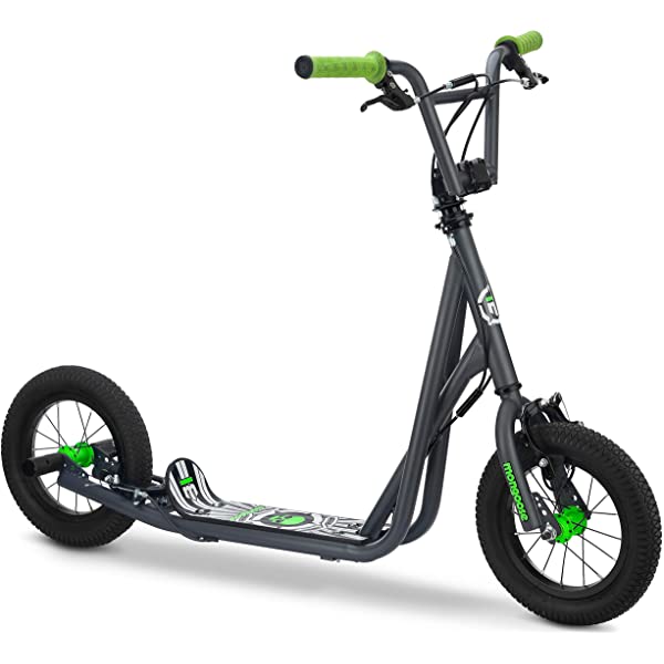 Mongoose Expo Youth Scooter, Front and Rear Caliper Brakes, Rear Axle Pegs, 12-Inch Inflatable Wheels, Non Electric Green/Grey