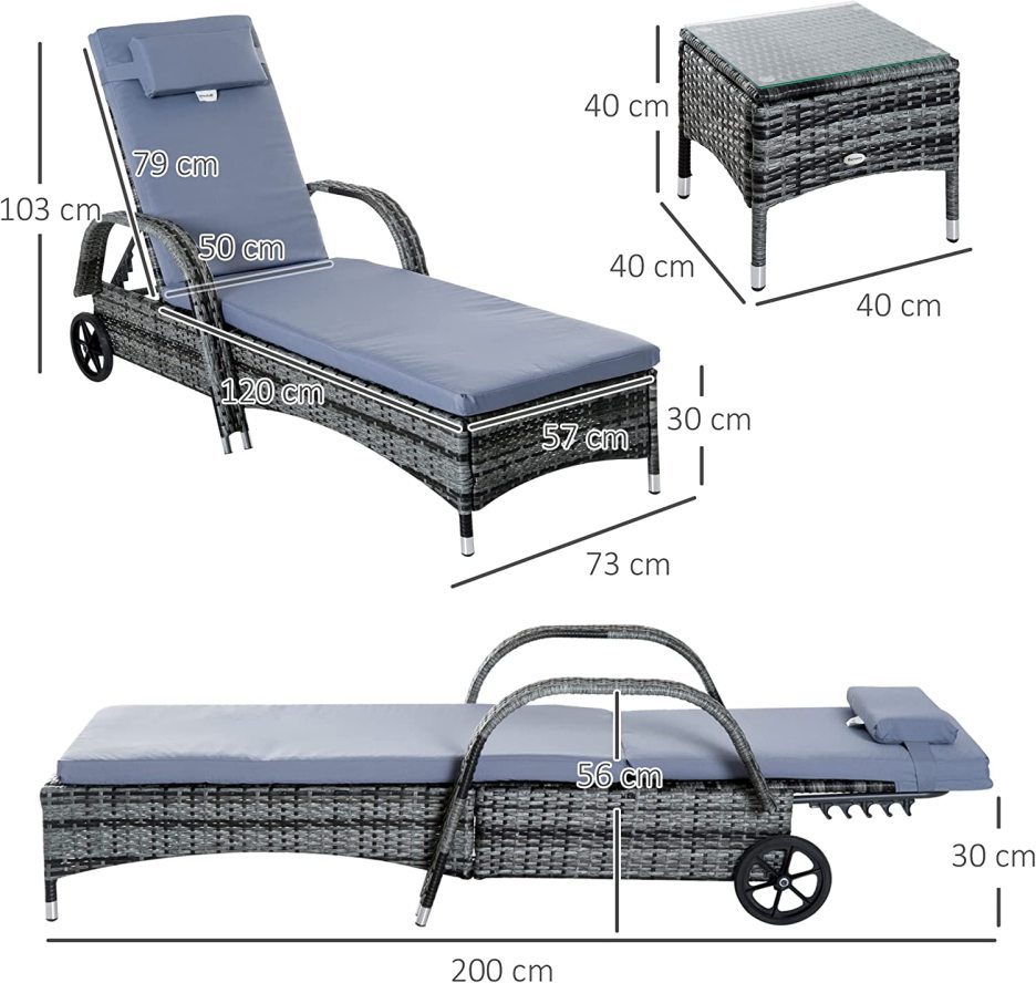 200CM LONG RECLINING SUN LOUNGER SET WITH CUSHIONS AND TABLE
