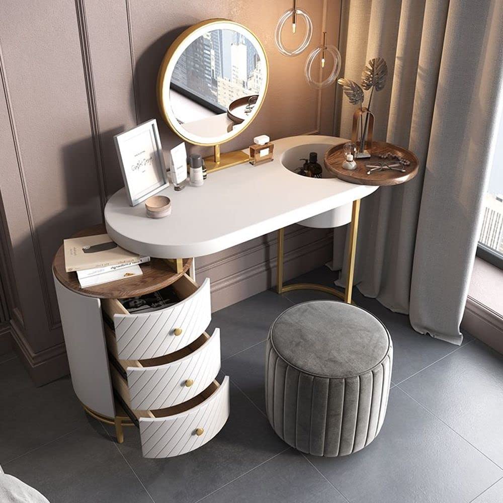 【Furniture】Modern Makeup Vanity Table with LED Lighted Mirror, Dressing Table with Movable Tray Top, 43