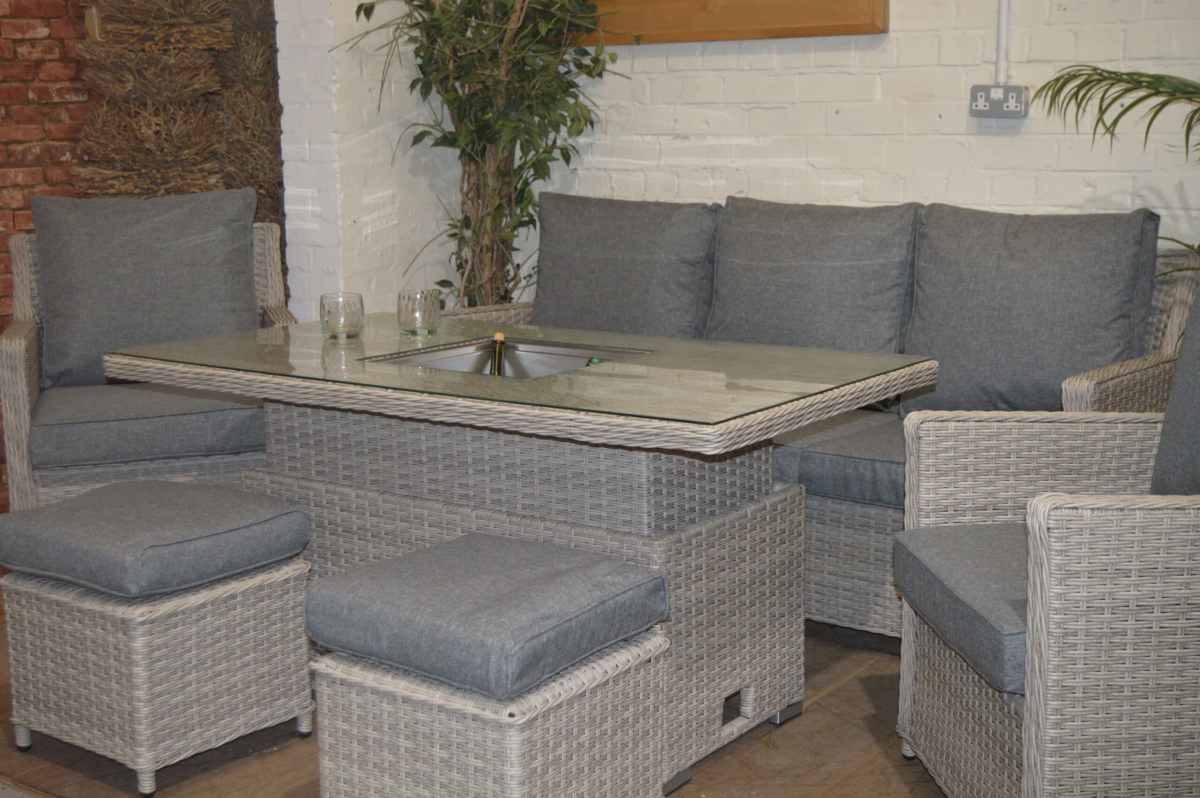 Sofa Patio Dining Lounge Set With Rising Table - Grey Rattan