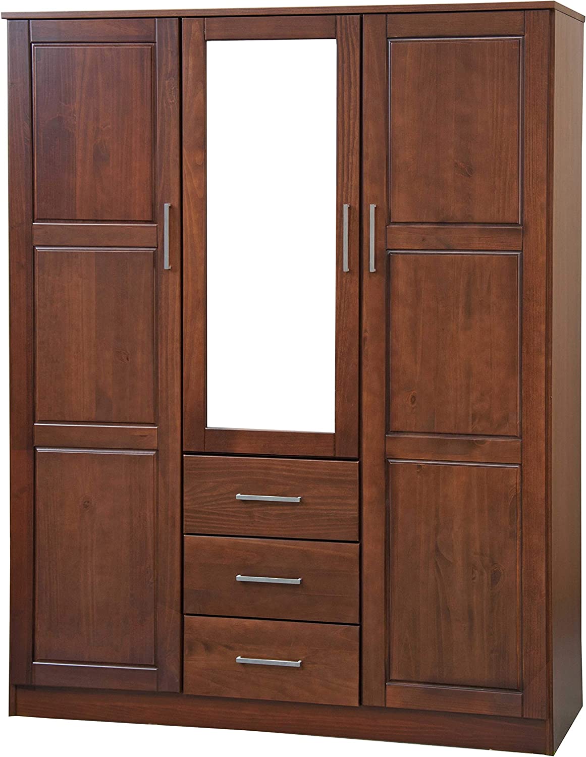 【Furniture】Cosmo Solid Wood 3-Door Wardrobe with Mirror and 3 Drawers, Java