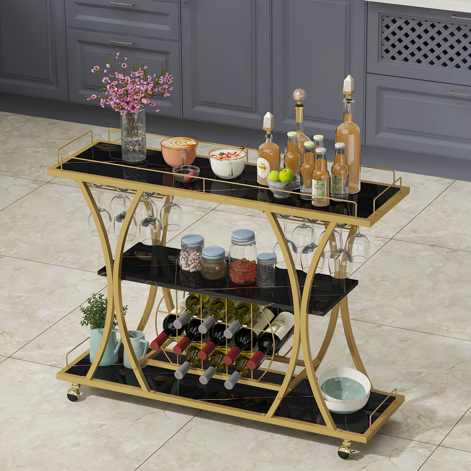 【Furniture】Bar Serving Cart with Glass Holder and Wine Rack, 3-Tier Kitchen Trolley, Mobile Wine Cart for Home