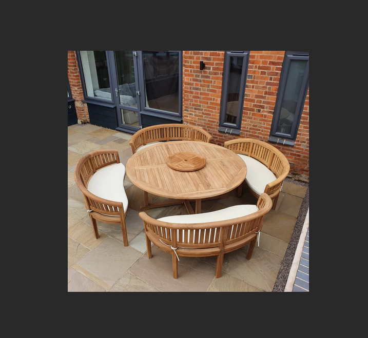 Teak garden dining set. 1.8m “Titan” round table, 4 bowwood style seats