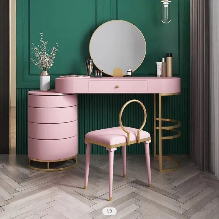 Dresser with swivel cabinet mirror and stool