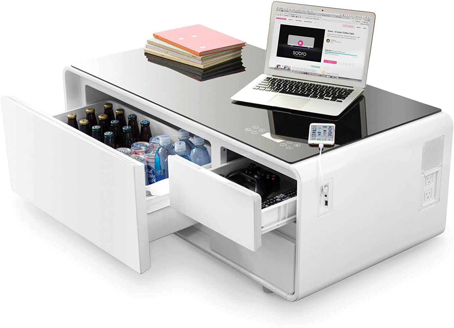 【Furniture】Coffee Table with Built in Fridge, Speakers, Outlets, LED Light, and More - Black